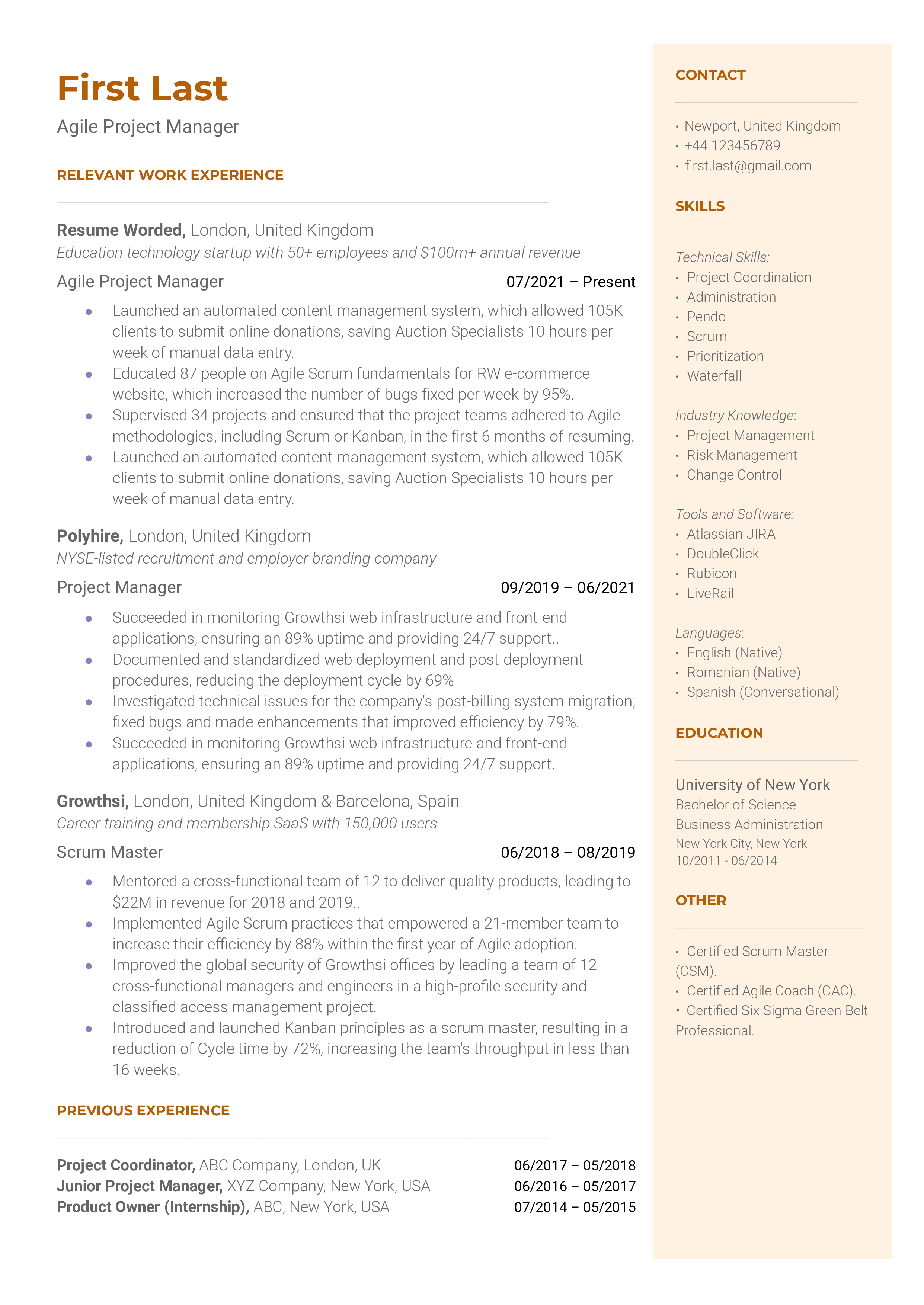 An example of a CV tailored for Agile Project Manager positions.