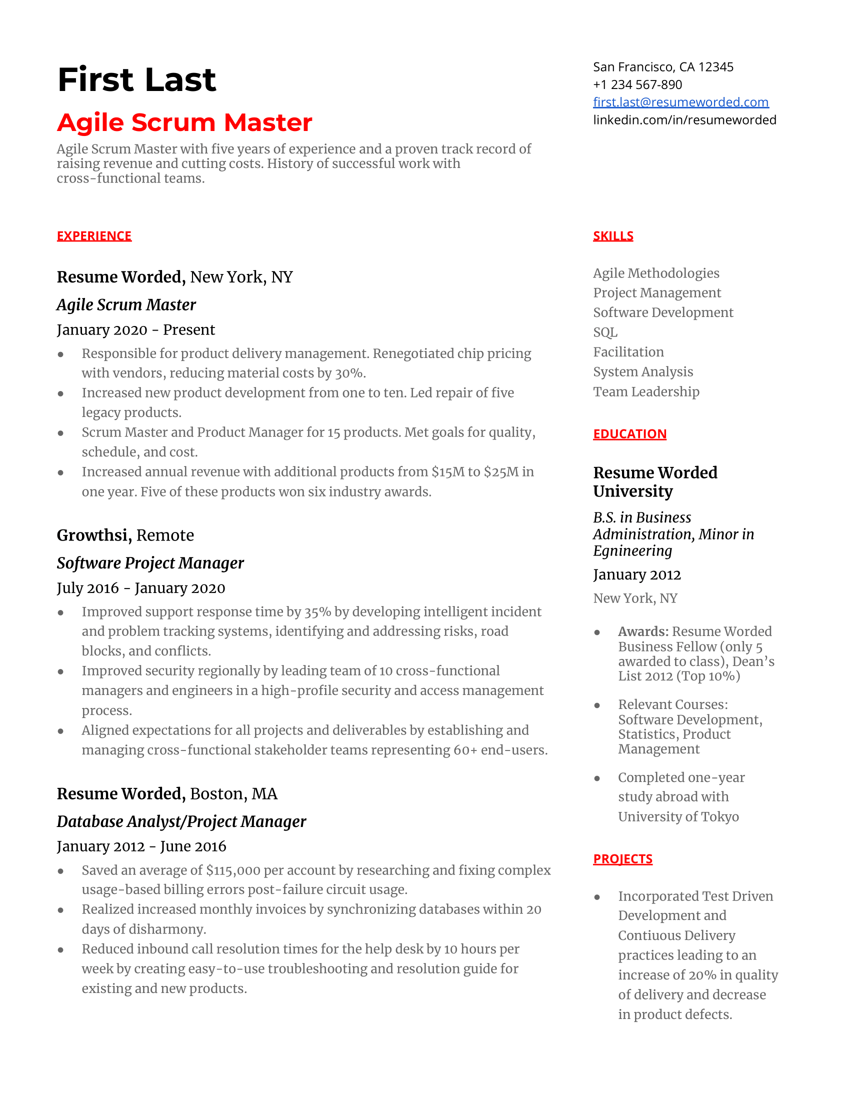 Agile Scrum Master Resume Examples for 2025 | Resume Worded