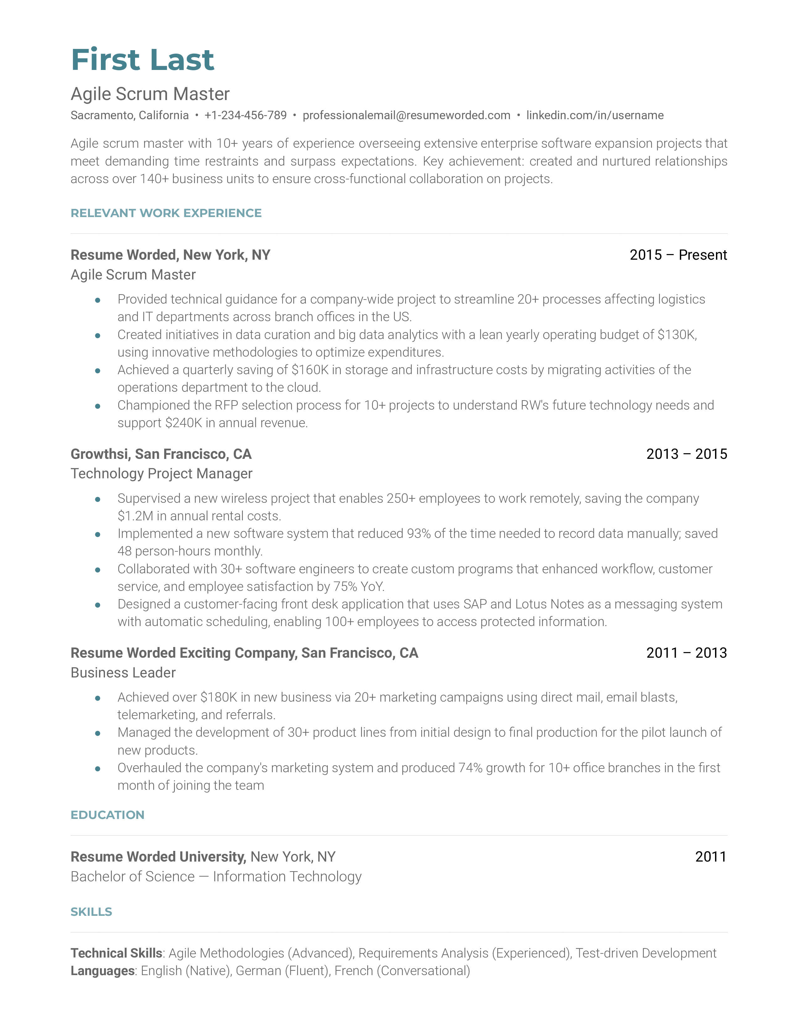 An Agile Scrum master resume template highlighting project management experience. 