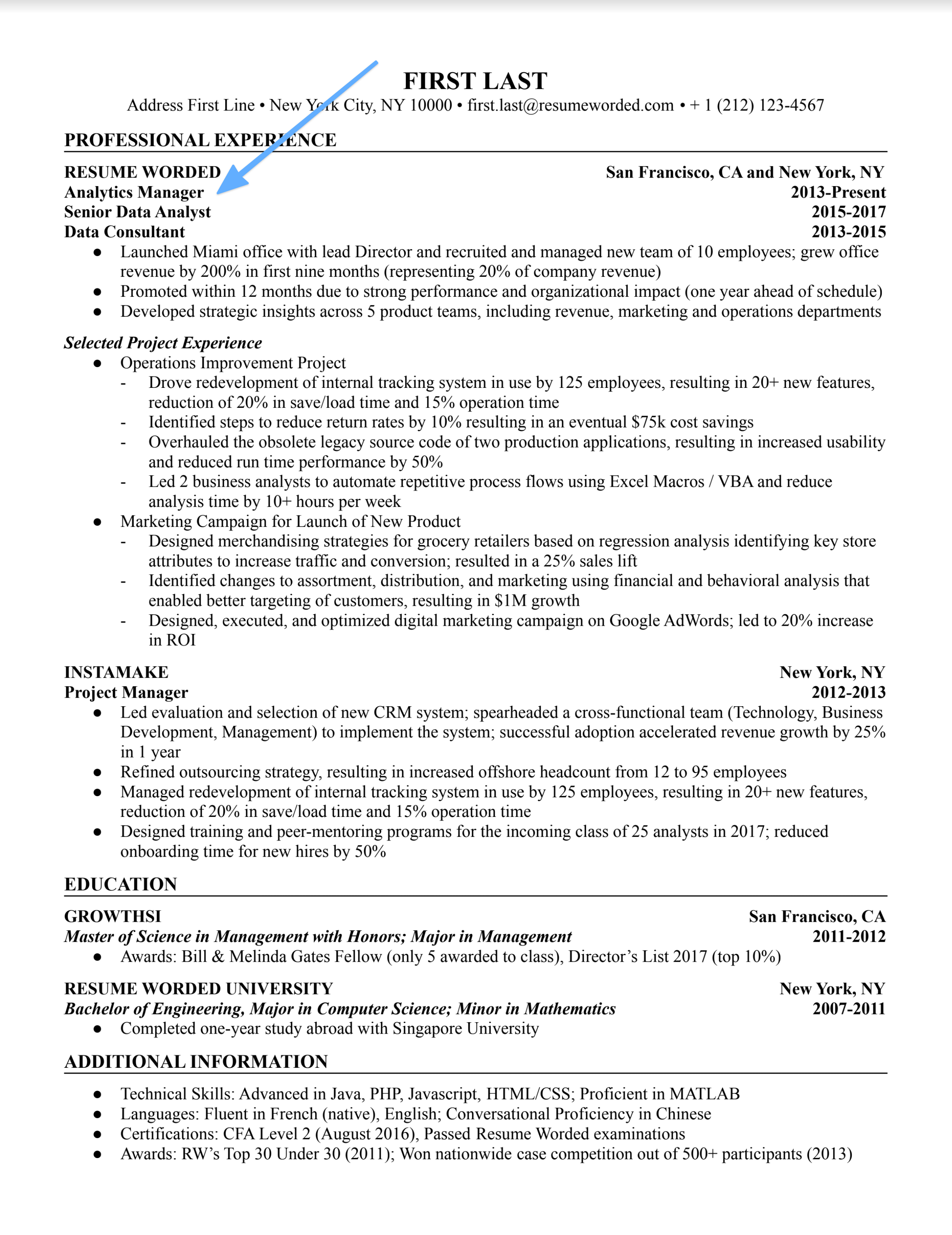 An analytics manager resume template using strong metrics