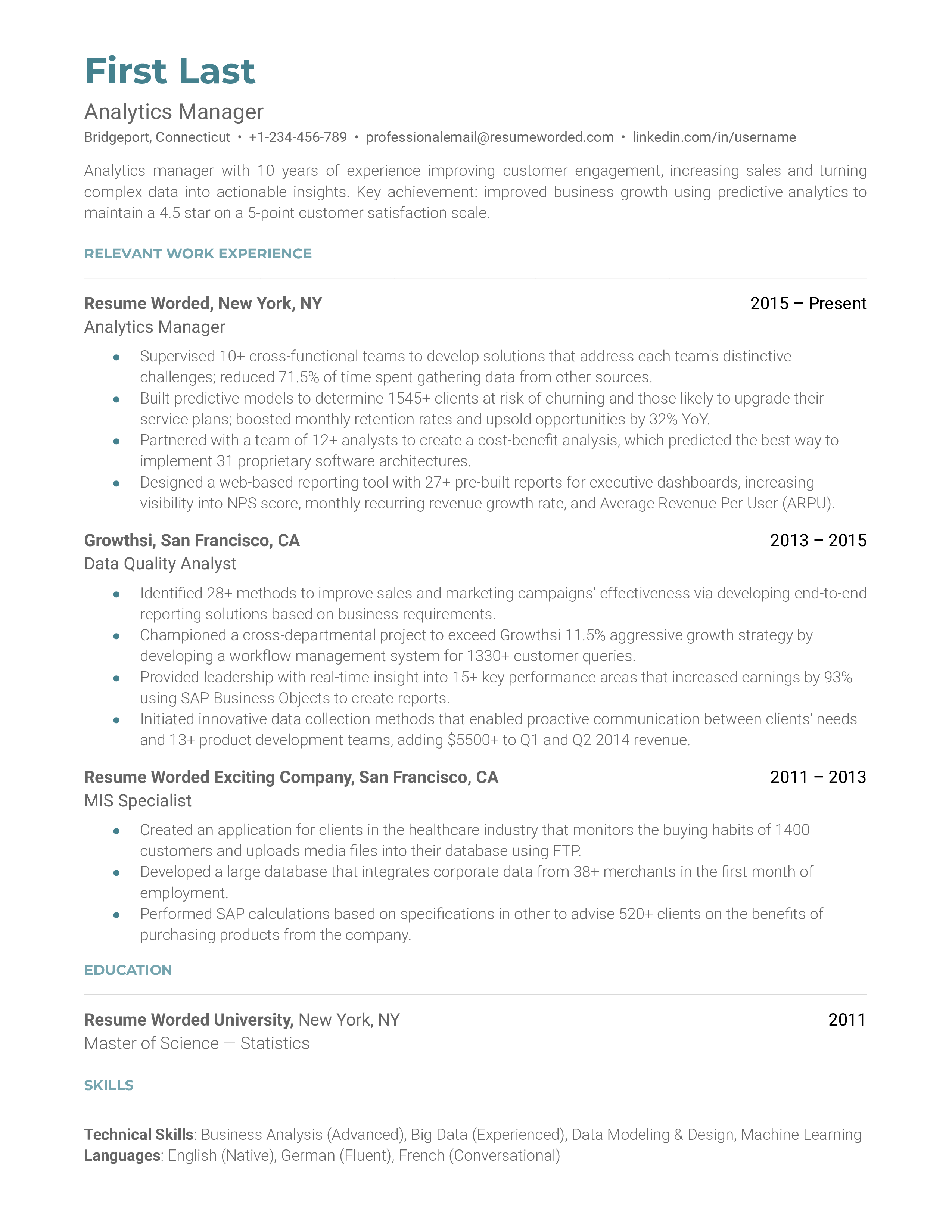 A well-crafted CV for an Analytics Manager position.