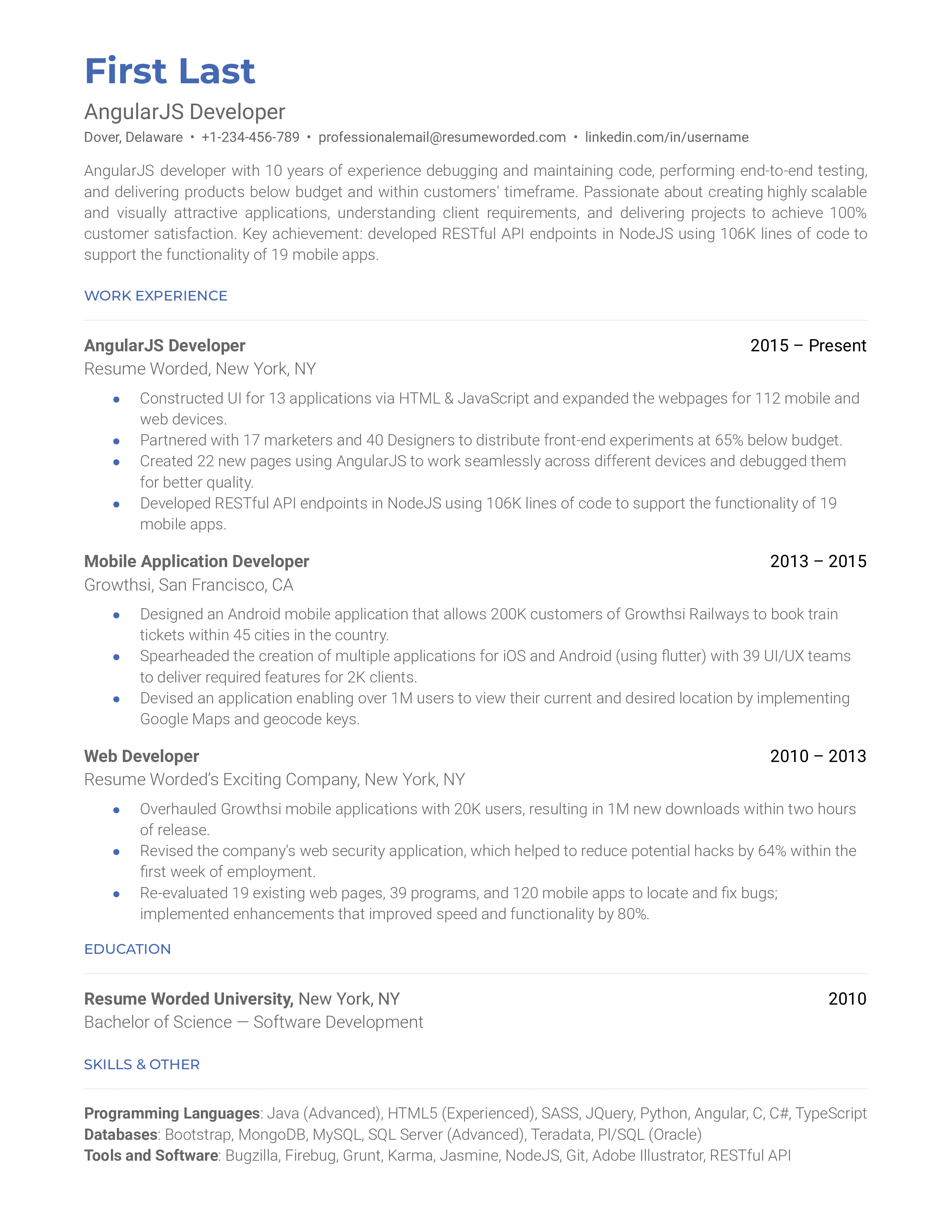 A well-formatted CV of an AngularJS Developer showcasing relevant projects and technical expertise.