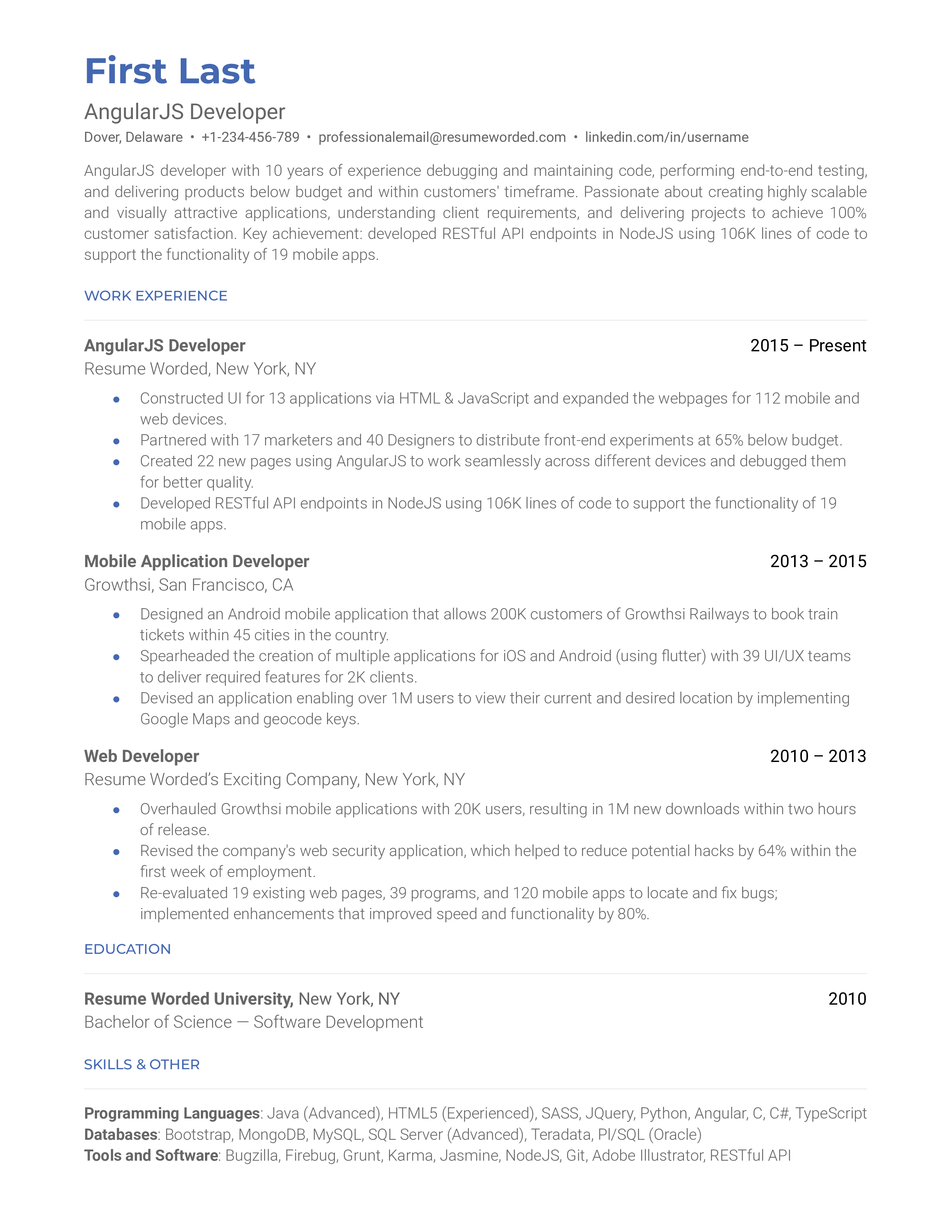 AngularJS Developer Resume Sample