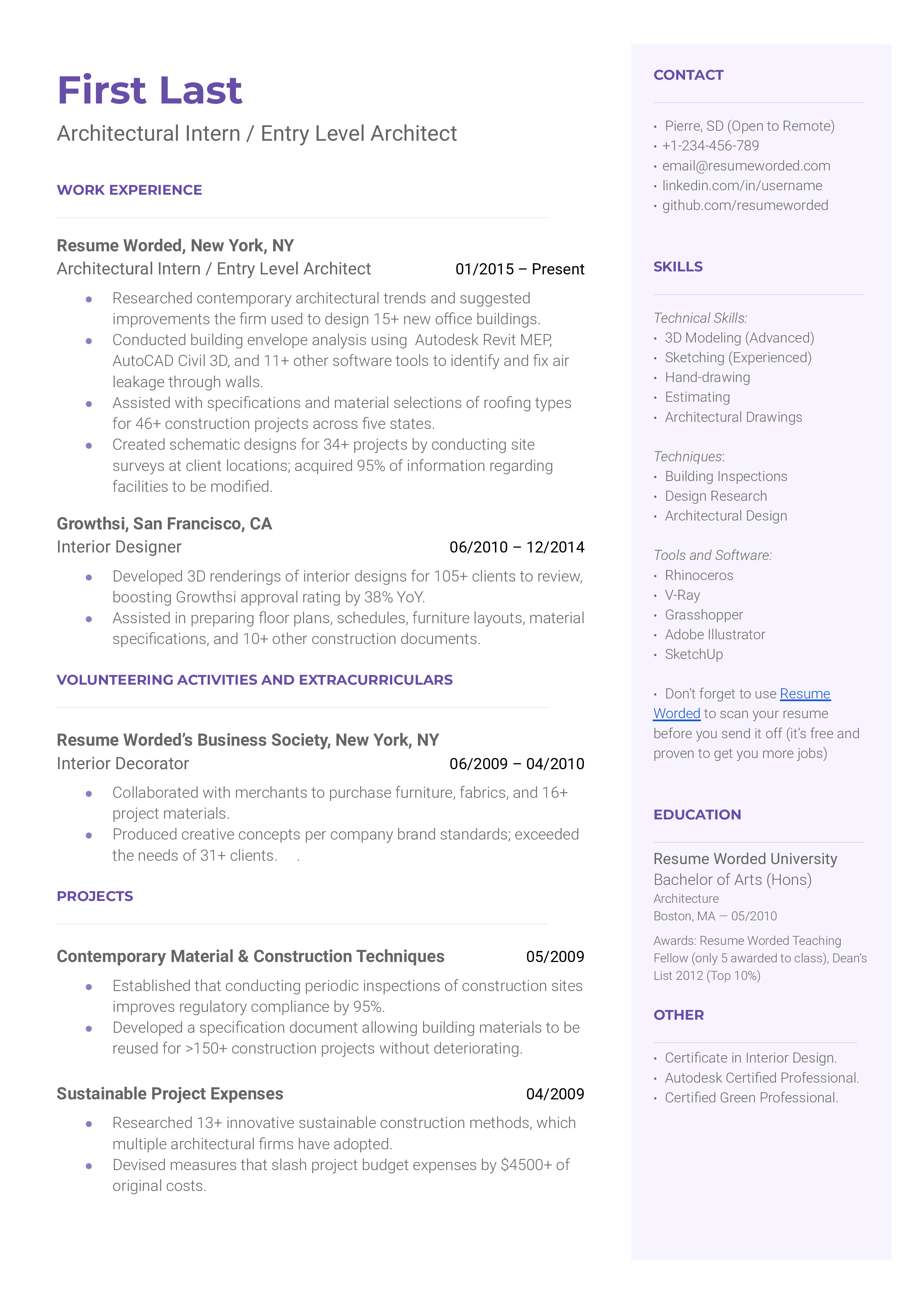 A resume for an entry level architect with a bachelors degree in architecture and experience as a interior designer.