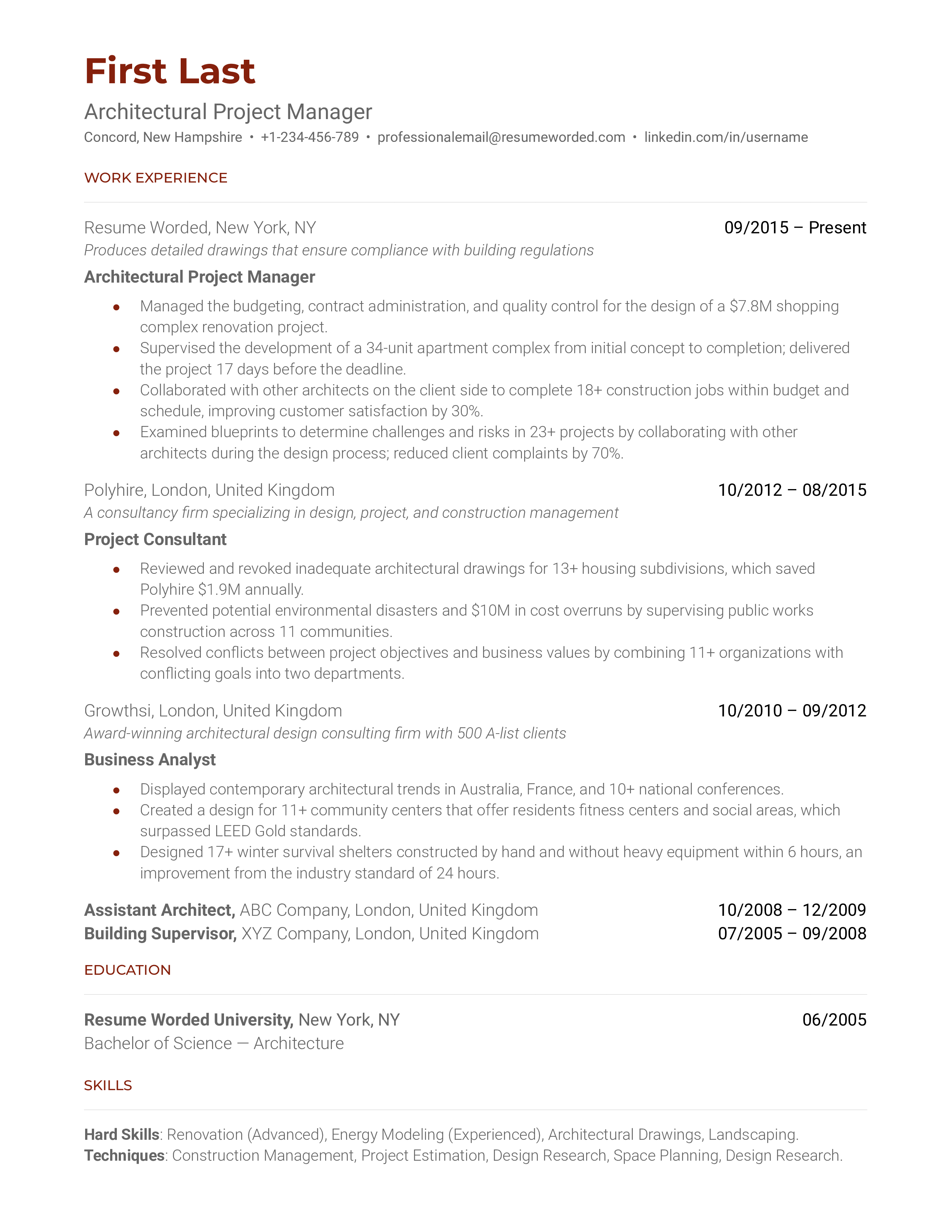 Architectural Project Manager Resume Sample
