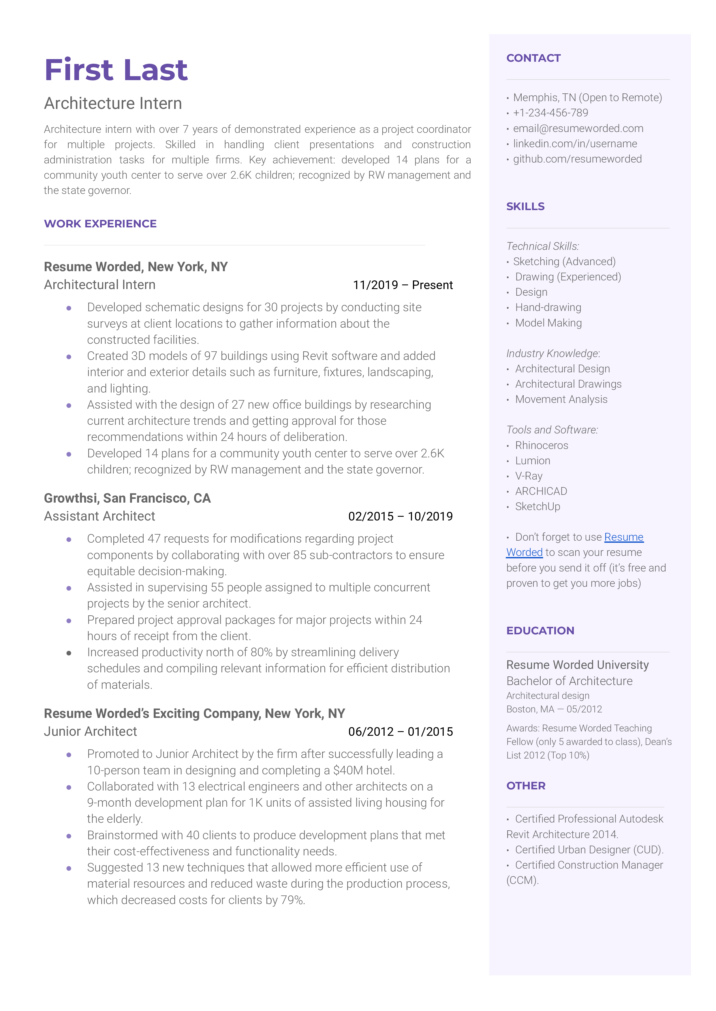 Architecture intern CV displaying technical skills and project contributions.