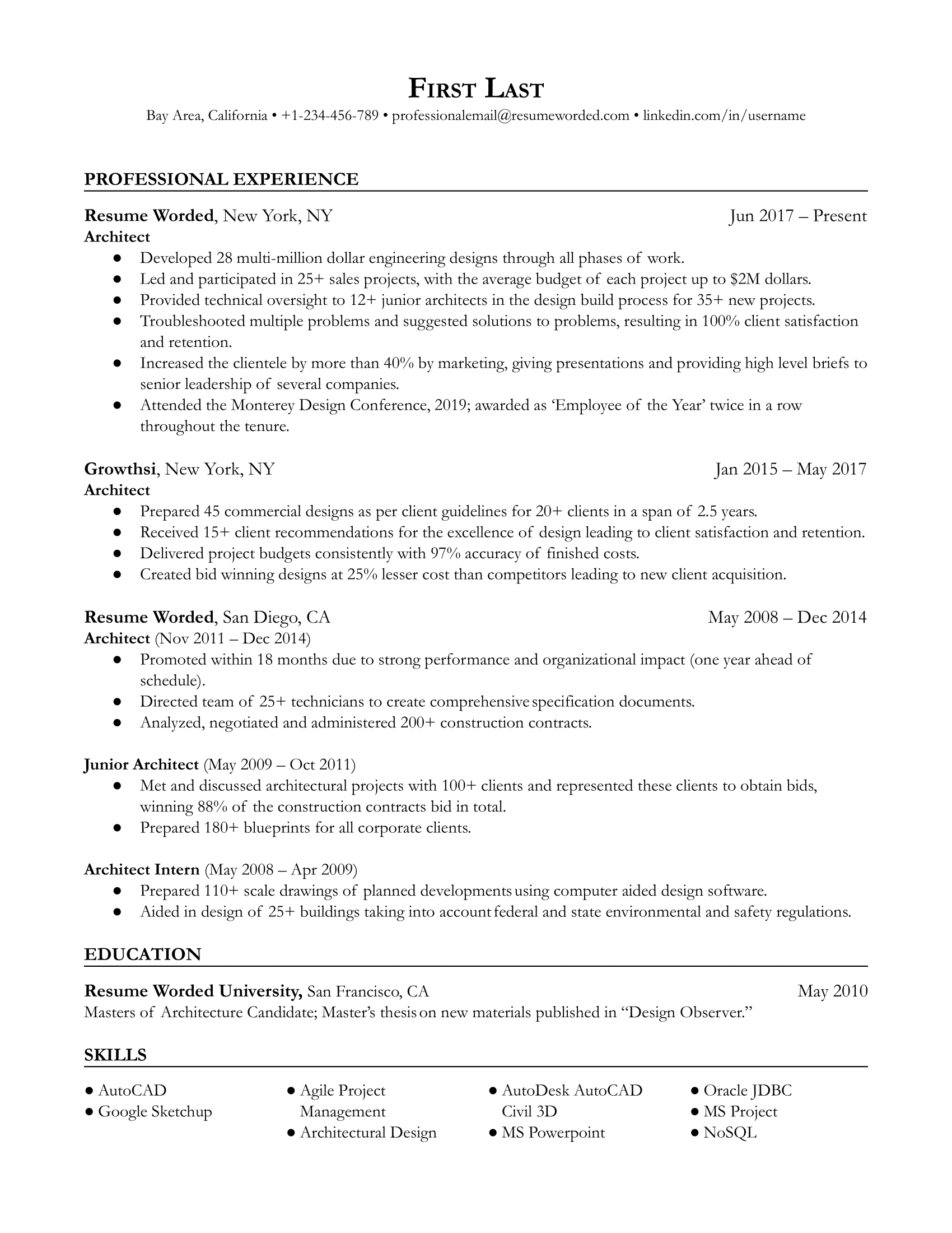 Architect resume showcasing software proficiency and sustainable design experience.