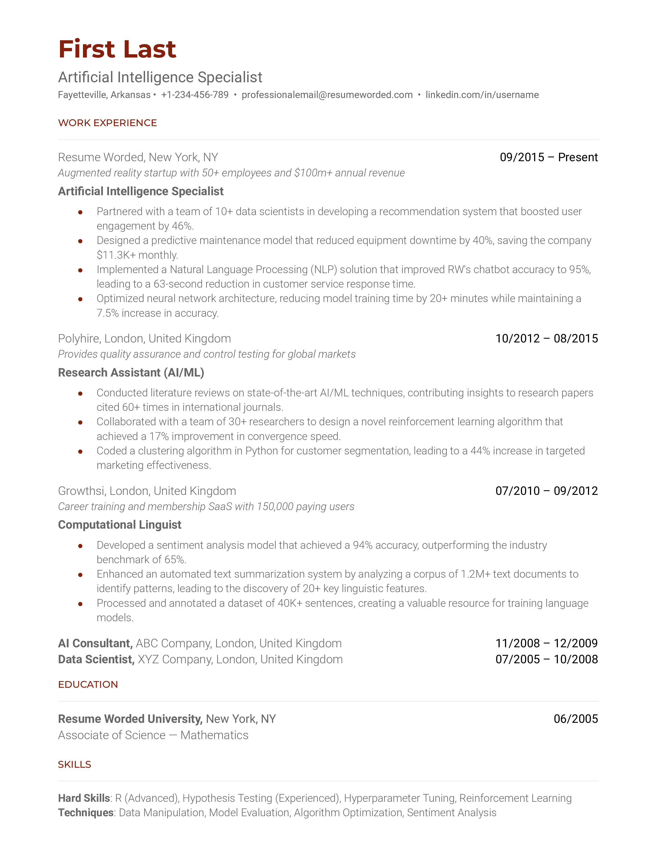 AI Specialist's resume showcasing proficiency in AI-related programming languages, tools, and grasp of AI trends and ethics.