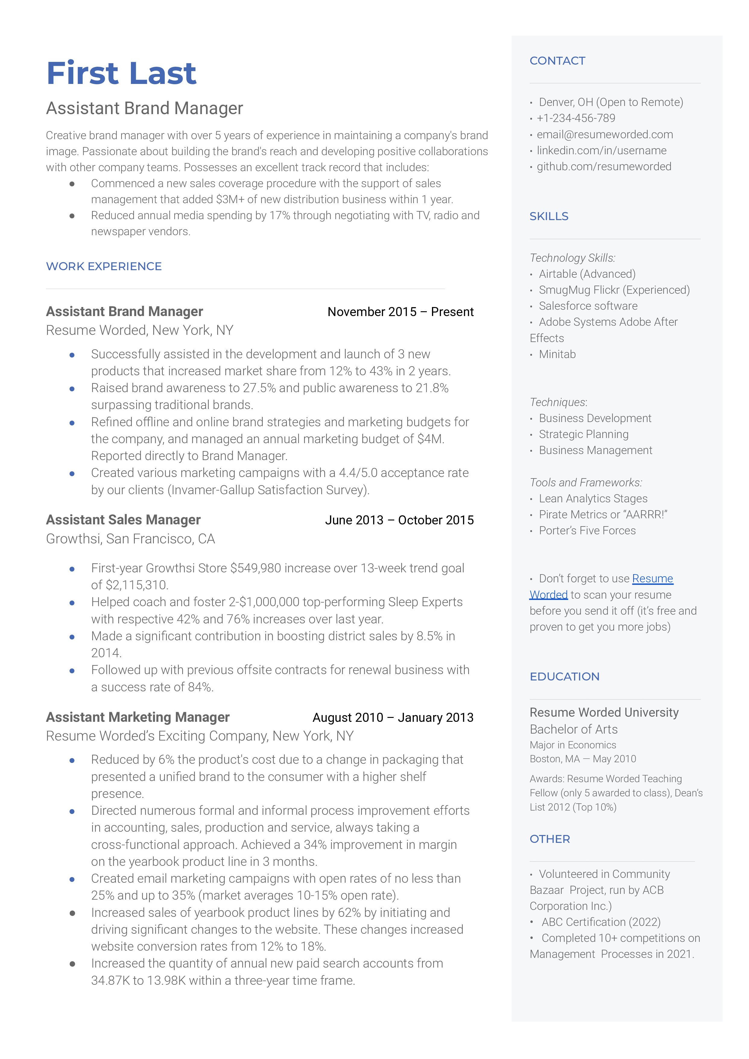 Assistant Brand Manager Resume Template + Example