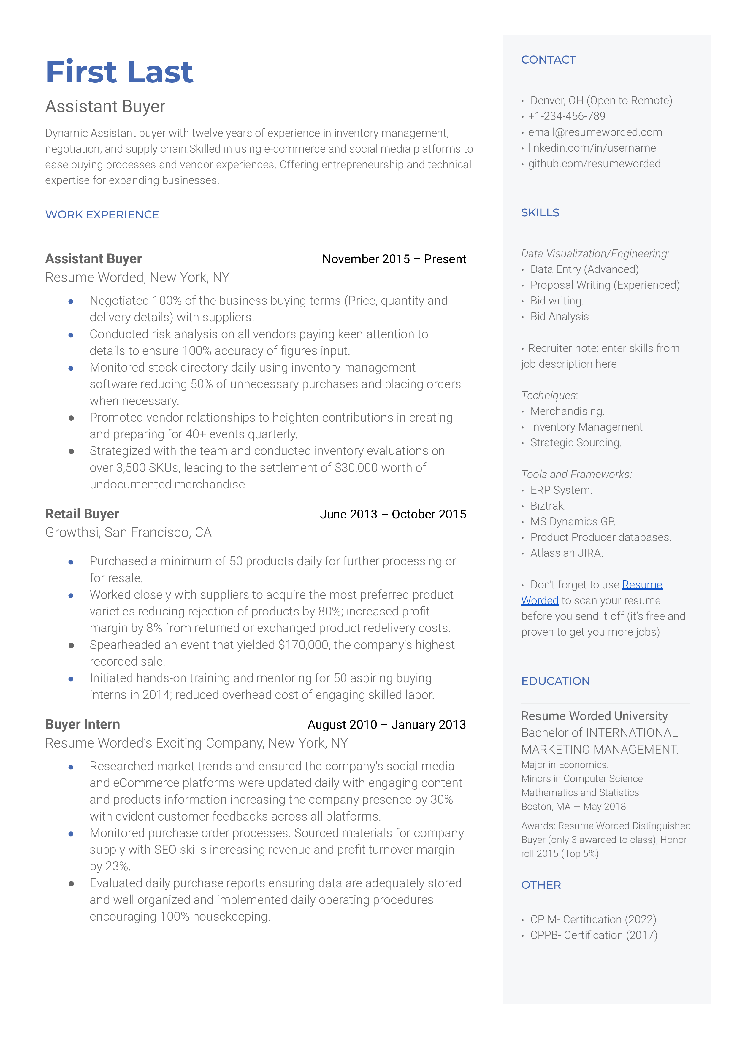 A assistant buyer resume template that highlights skills and education