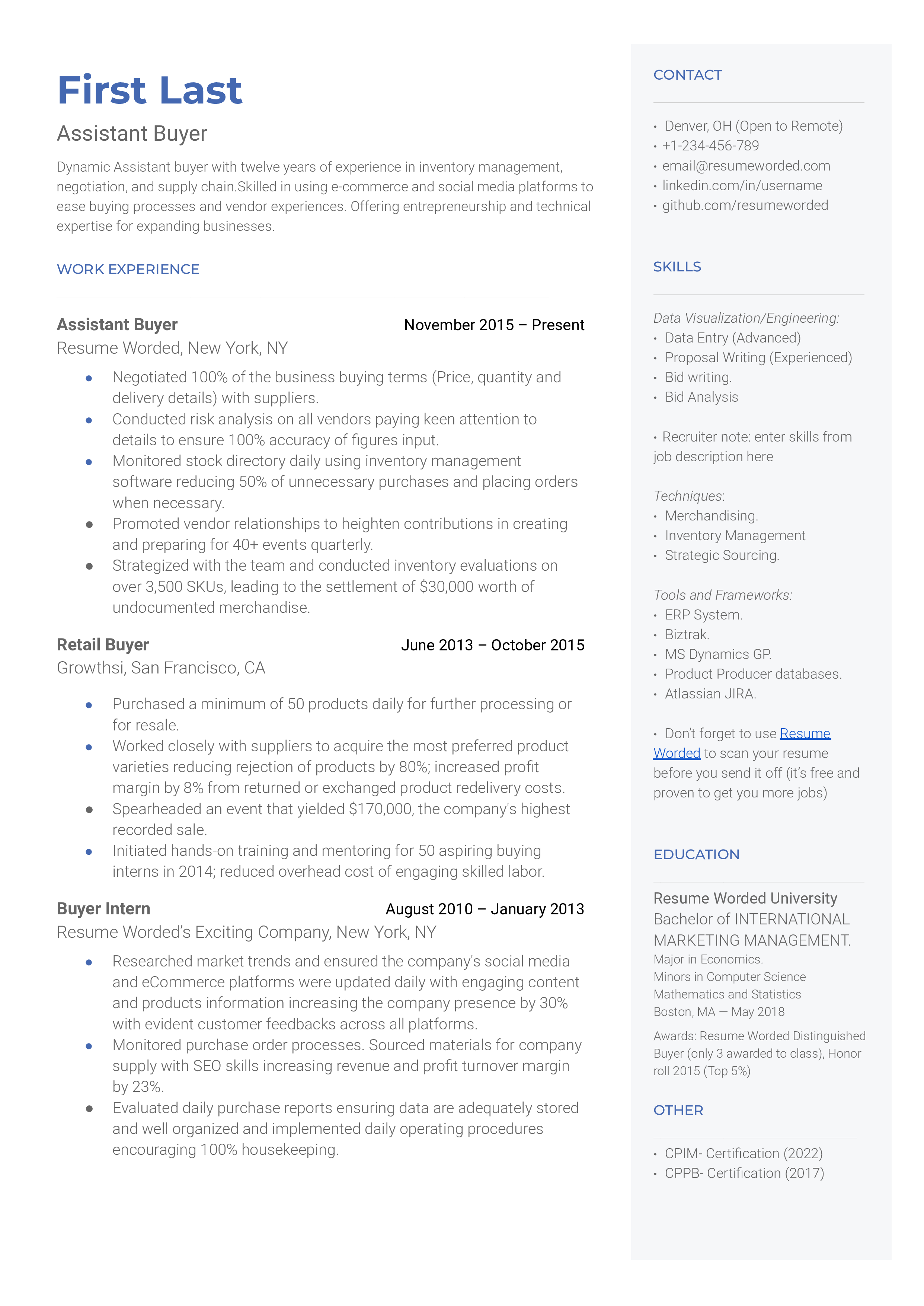 Assistant Buyer  Resume Sample