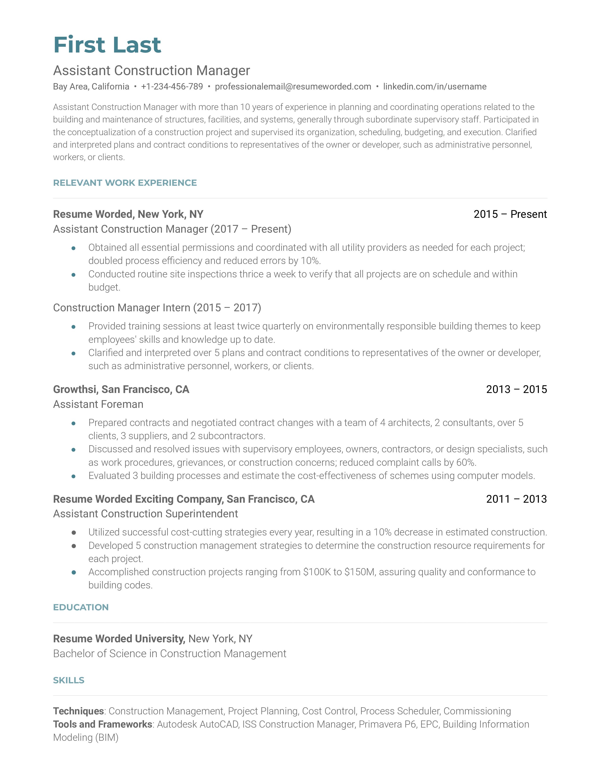 Assistant Construction Manager Resume Template + Example