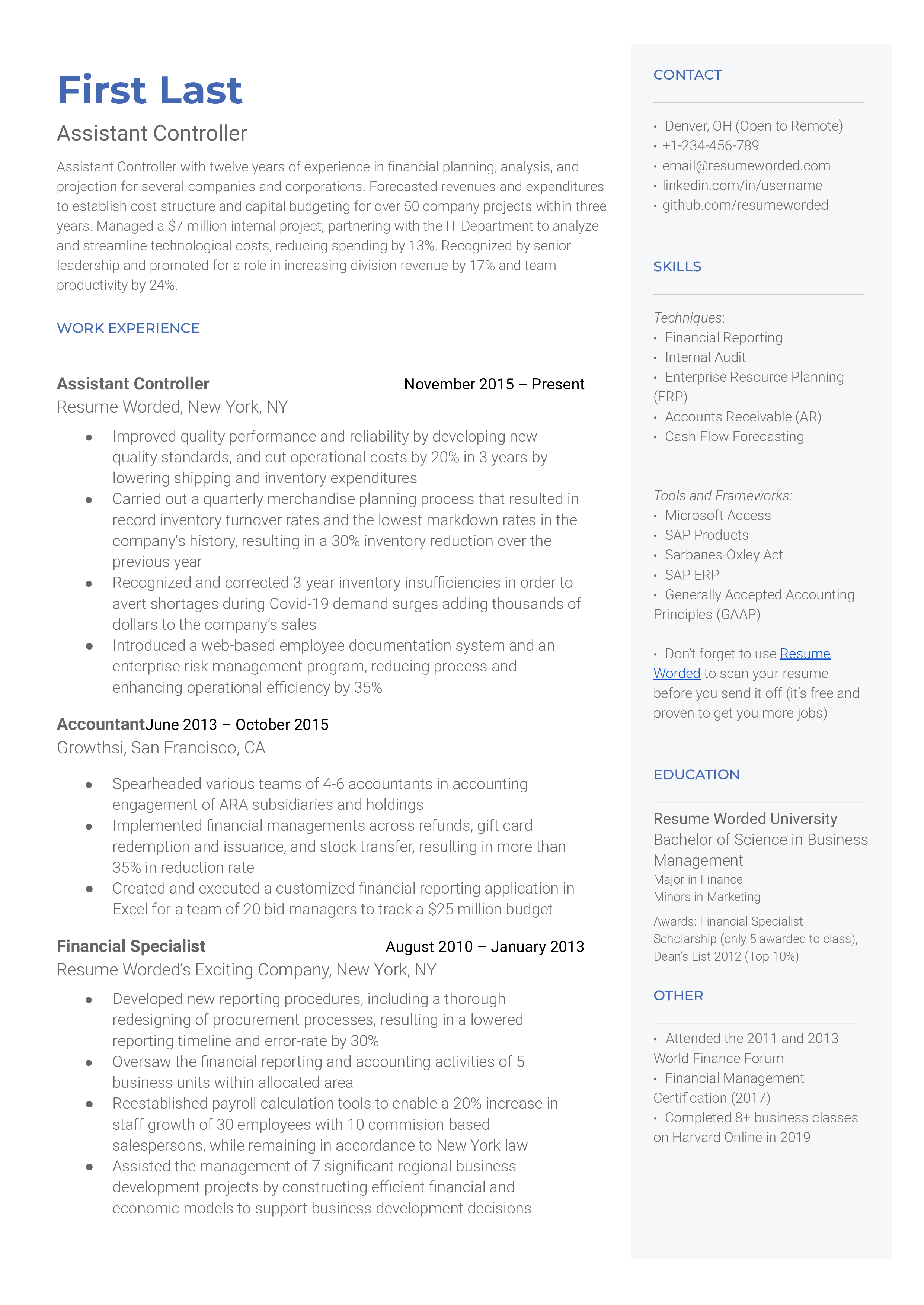 An Assistant Controller CV focusing on technology proficiency and leadership experience.