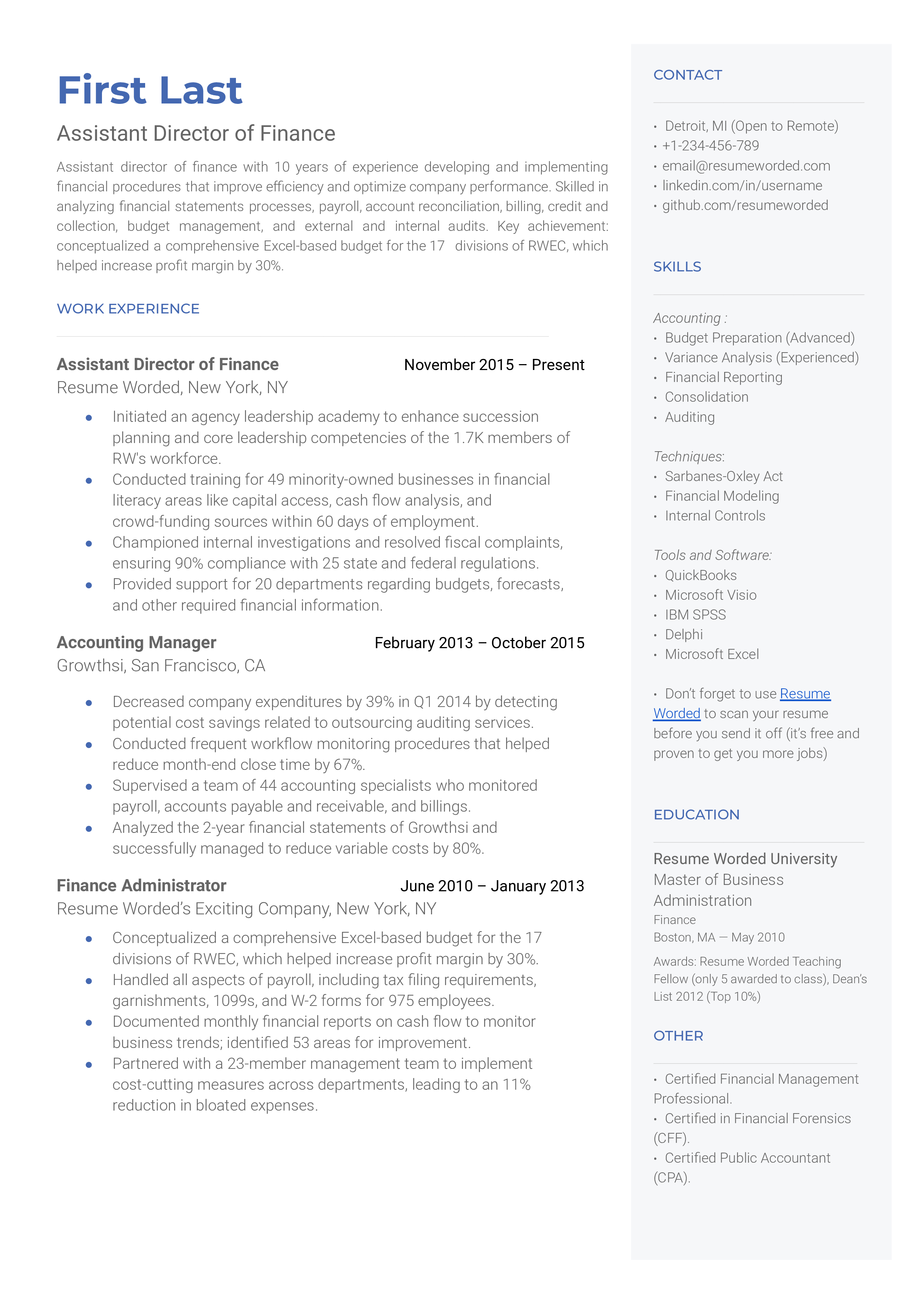 Screenshot of a CV for an Assistant Director of Finance role.