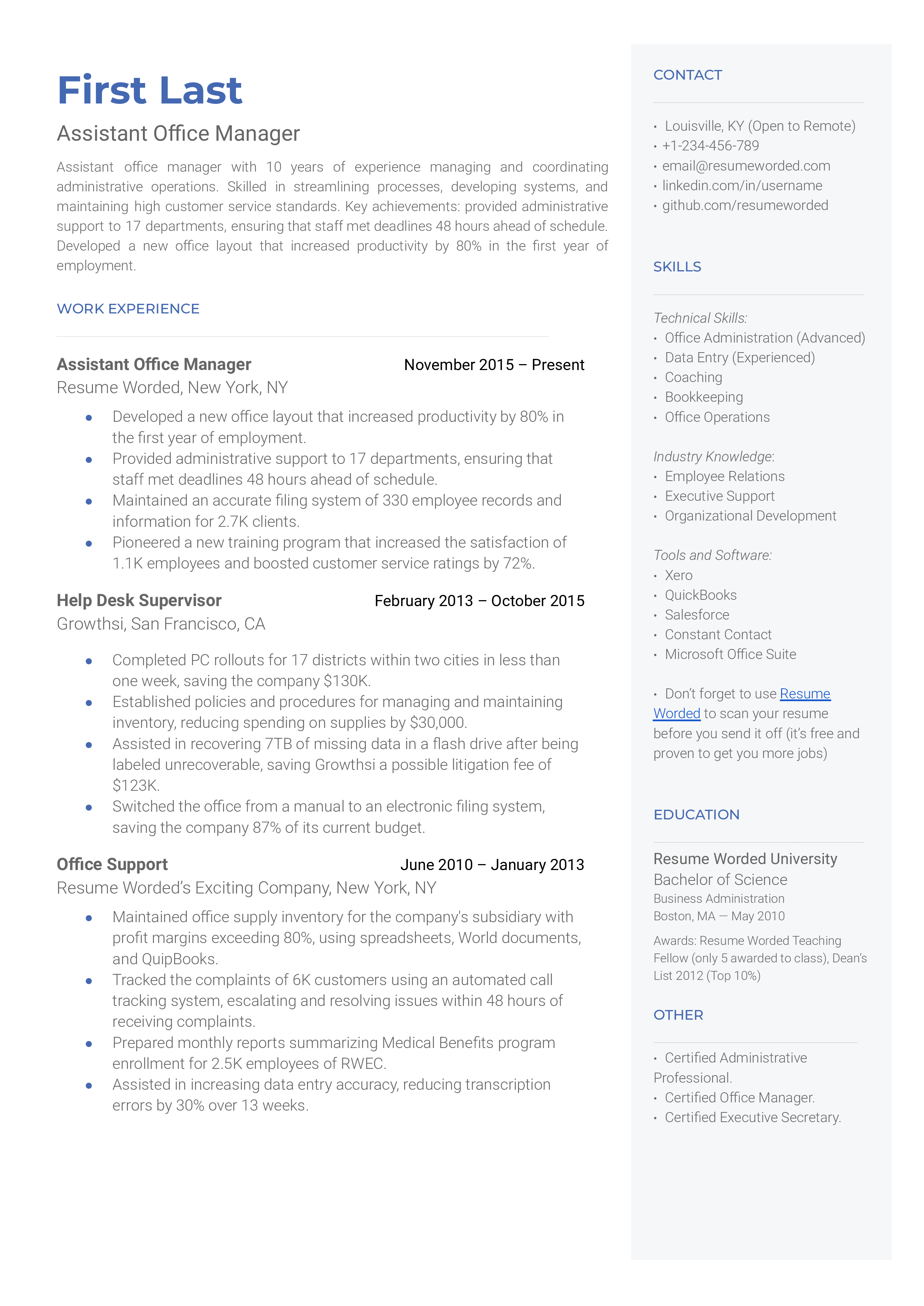 A detailed CV for an Assistant Office Manager position.
