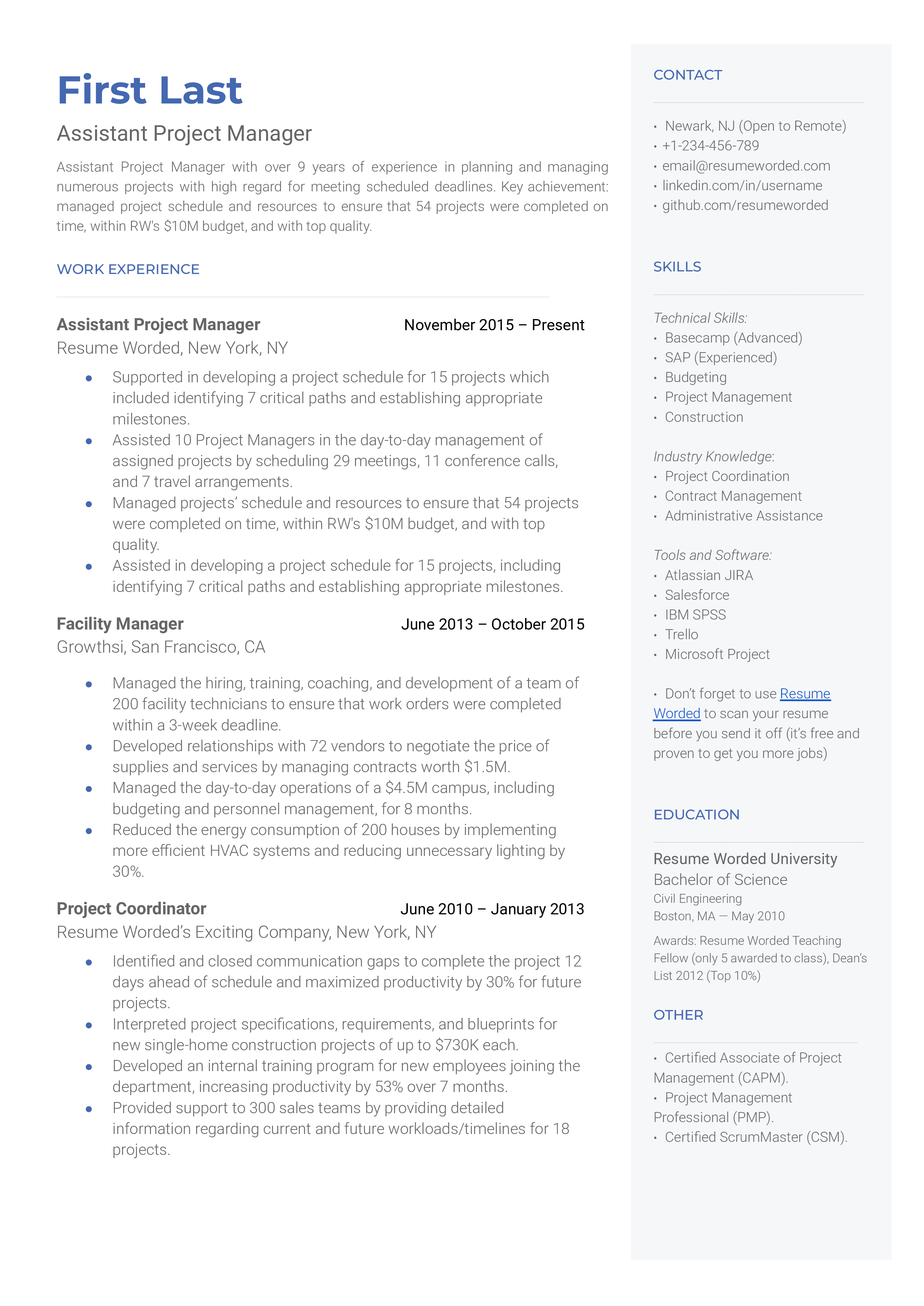 A CV tailored for an Assistant Project Manager showcasing remote project experience and adaptability.
