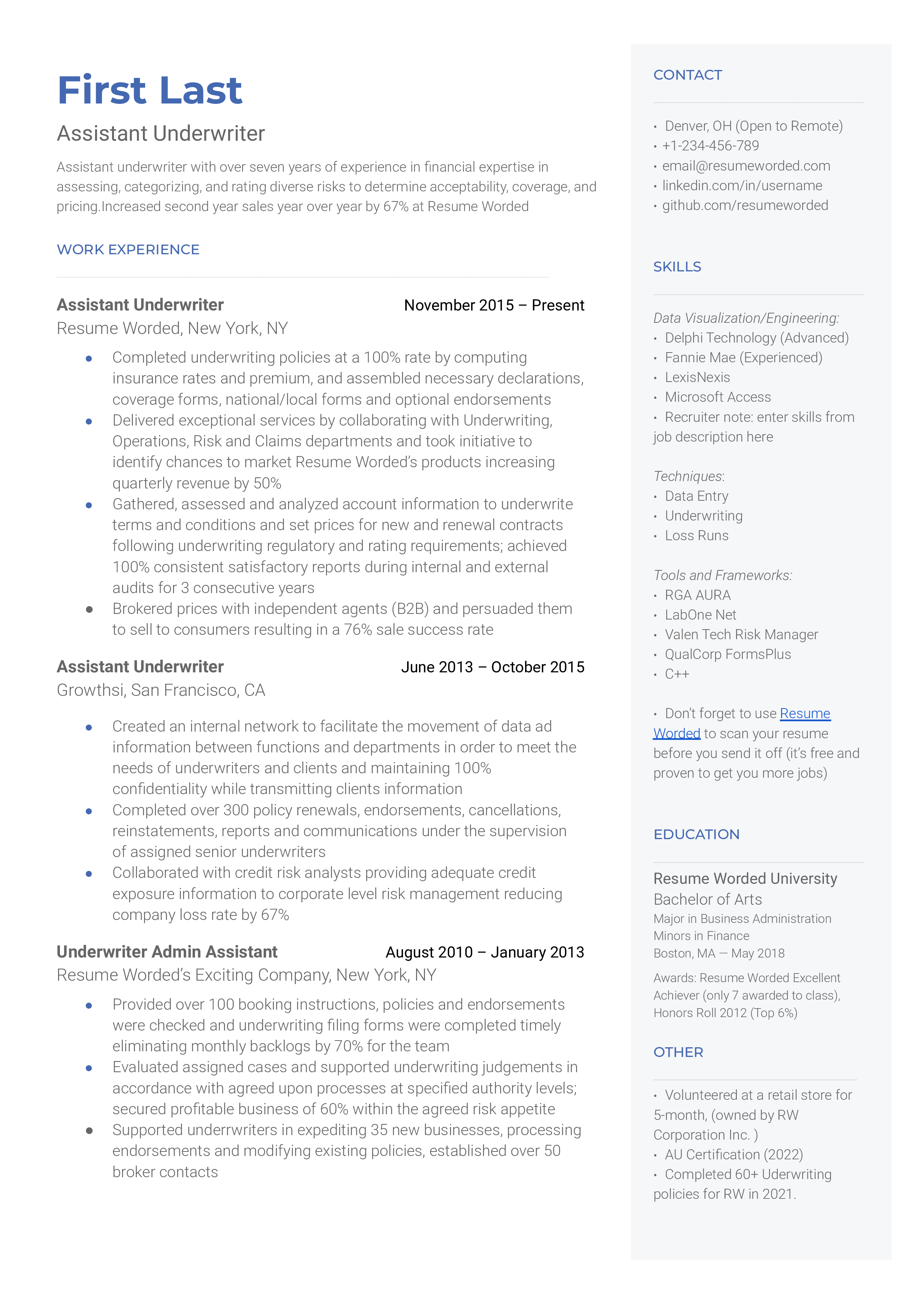 This resume is displaying an assistant underwriter's template that can be used as inspiration for good resumes.