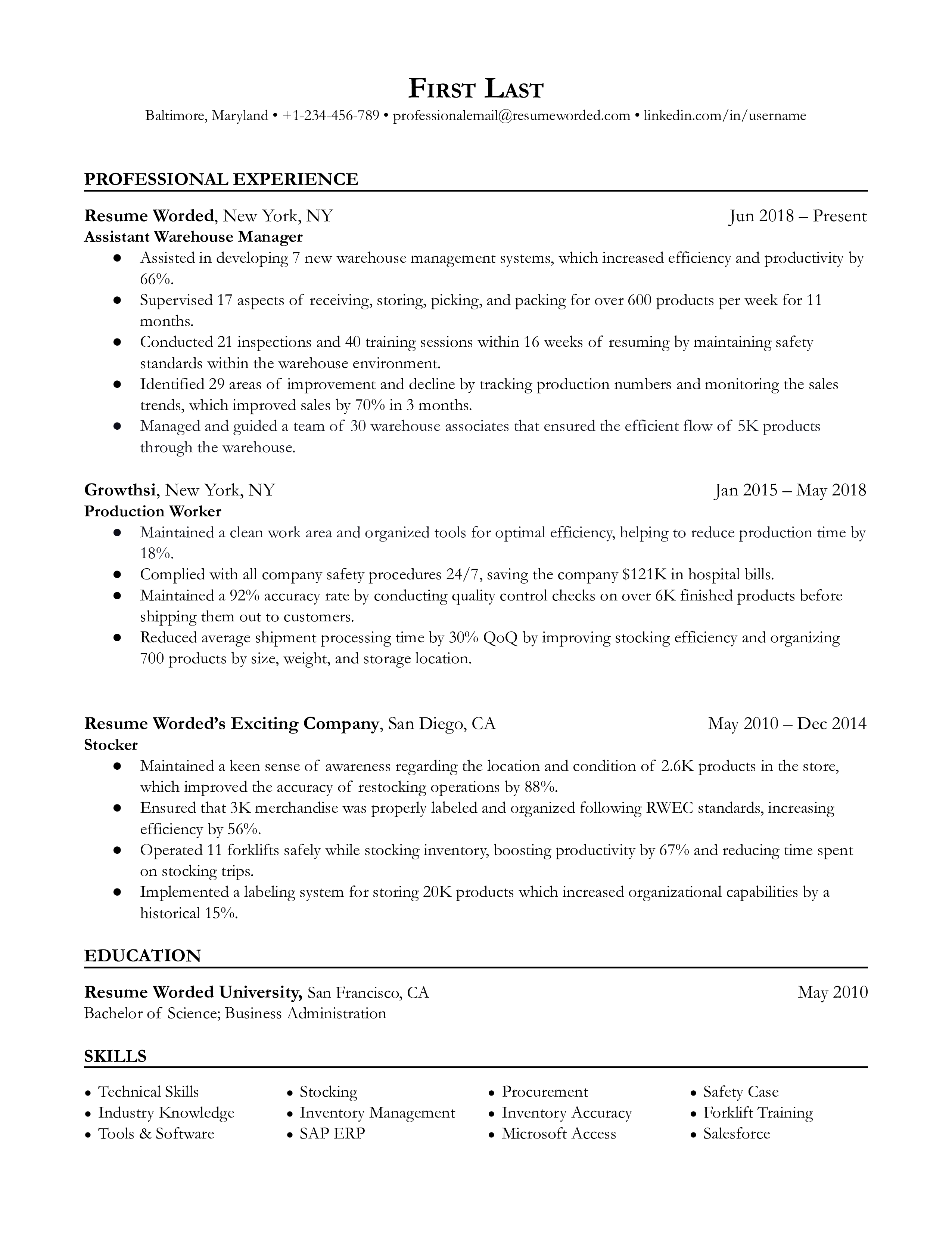 An assistant warehouse manager resume template that includes contact information, relevant work experience, and skills