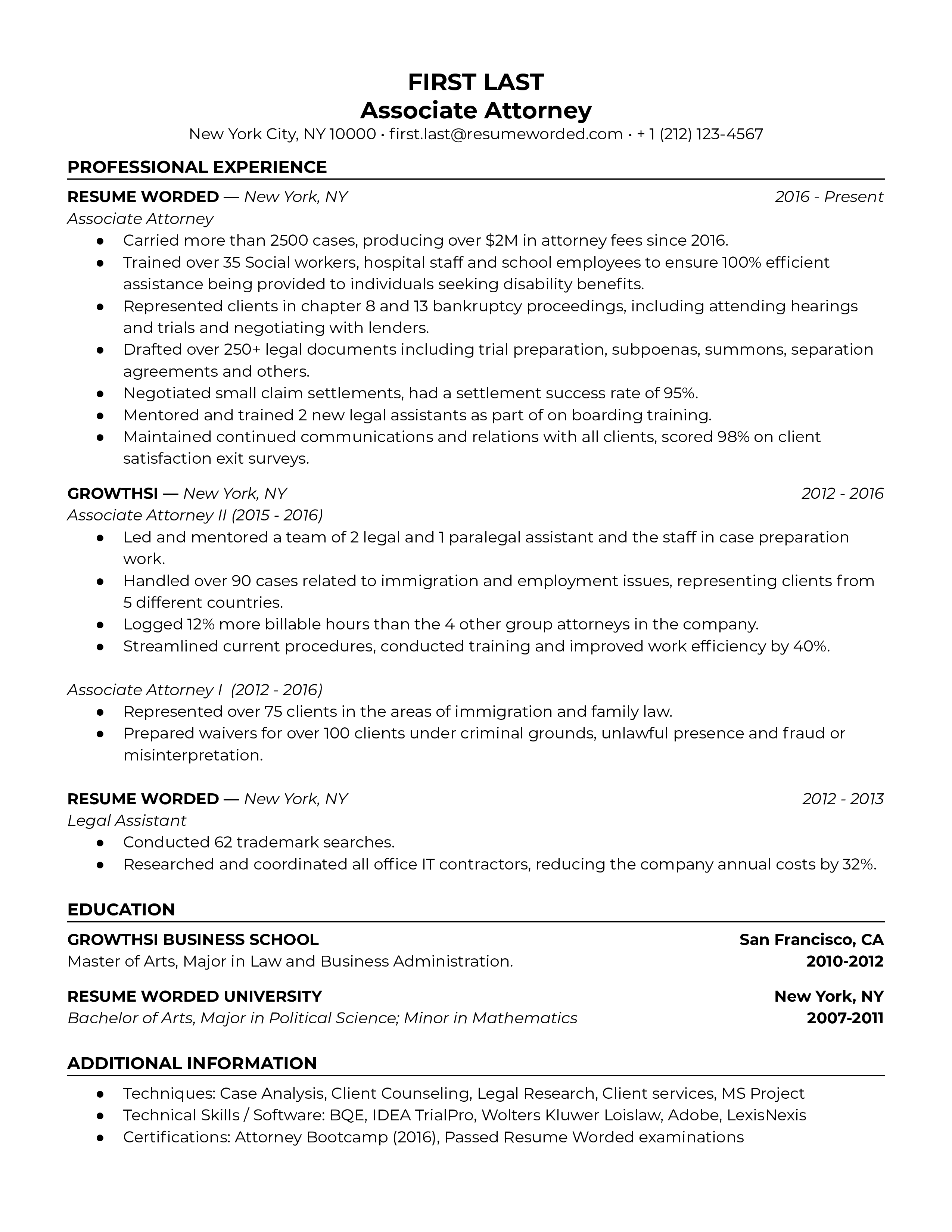 Associate attorney resume template example with a resume title and organized skills section