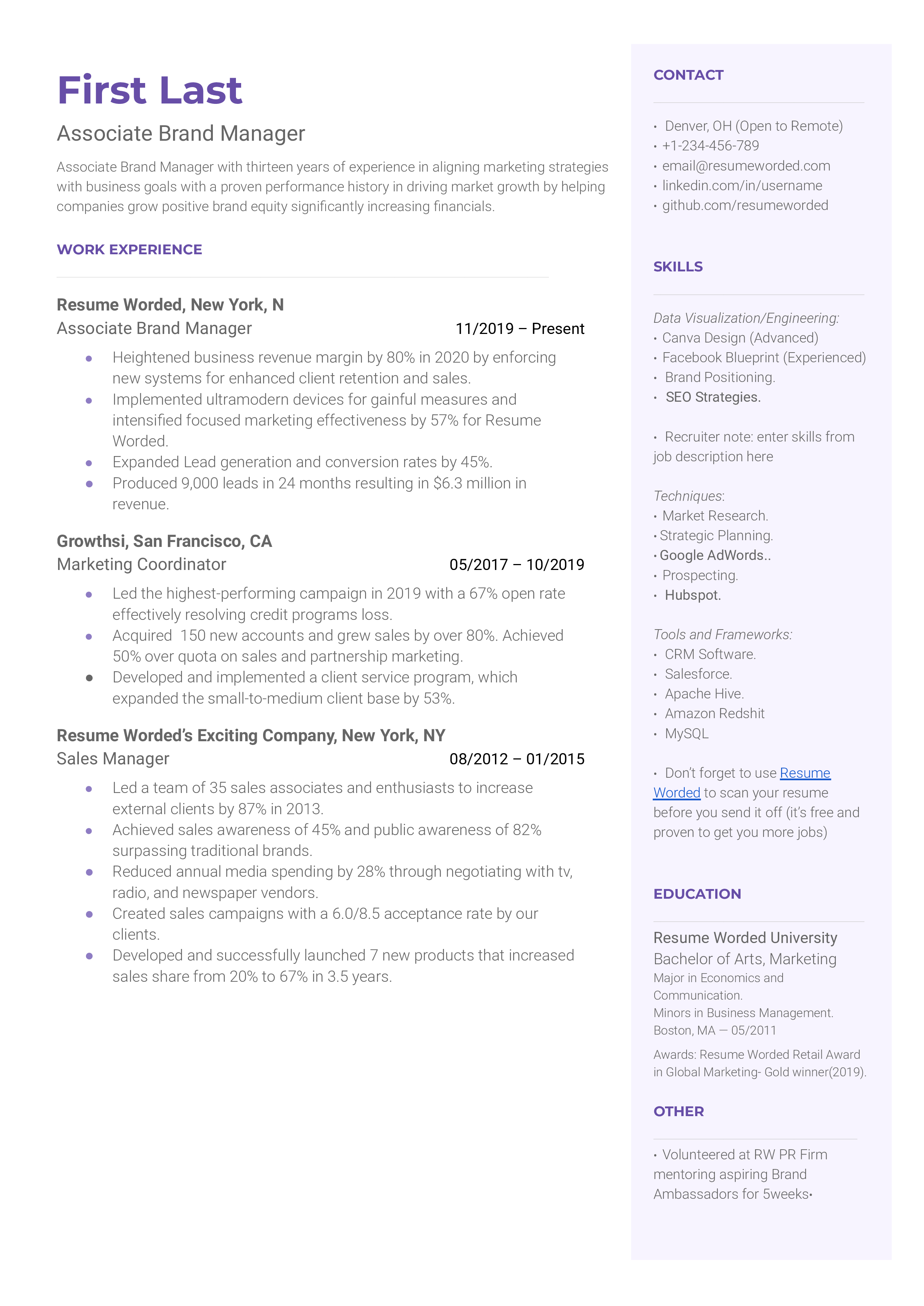 An associate brand manager resume sample that highlights the applicant’s industry recognition and quantifiable success.