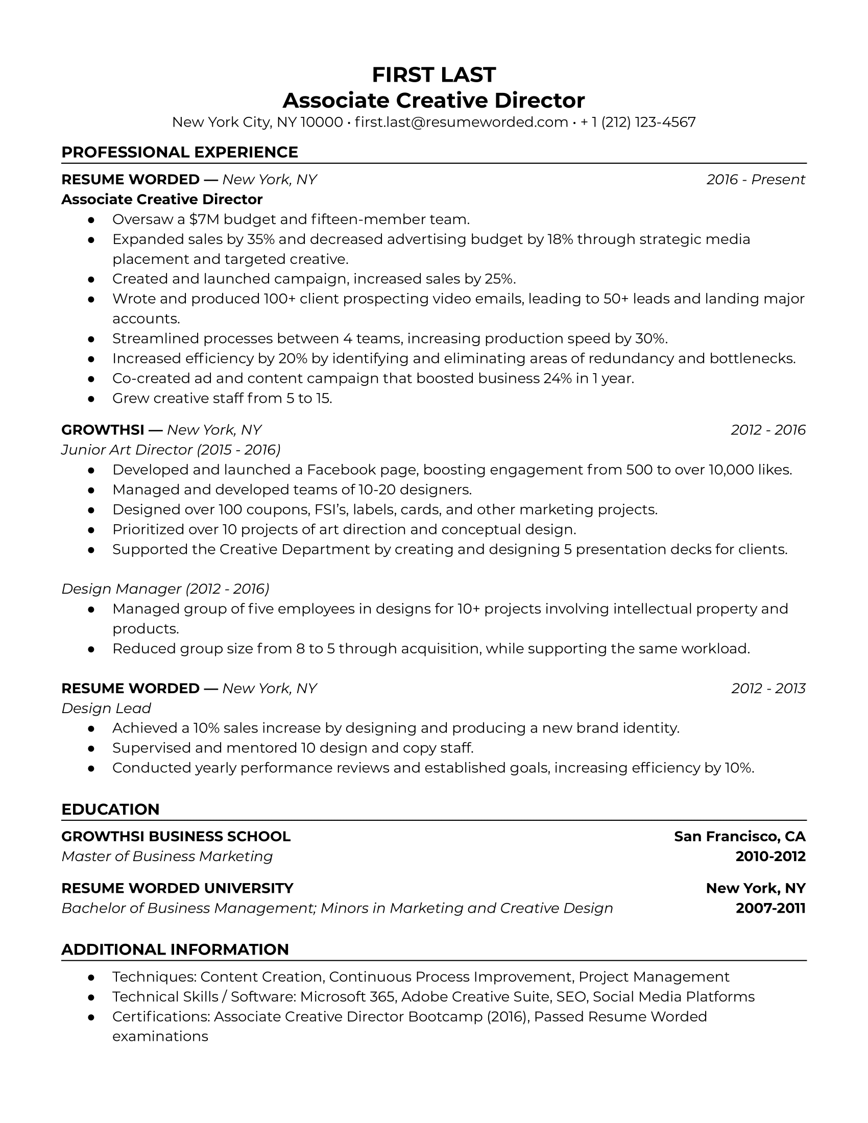 Associate Creative Director Resume Sample