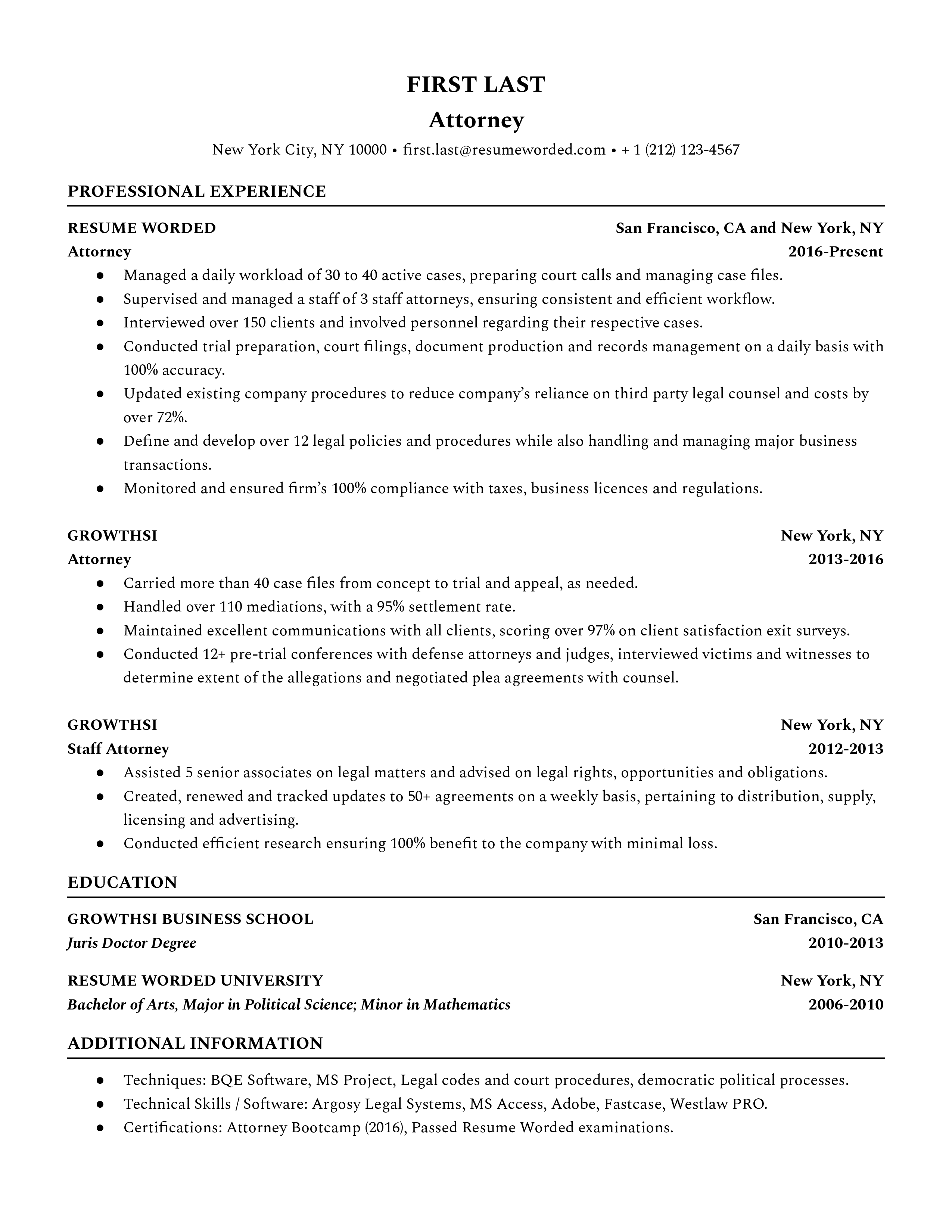 Attorney resume featuring relevant experience and attention to detail.