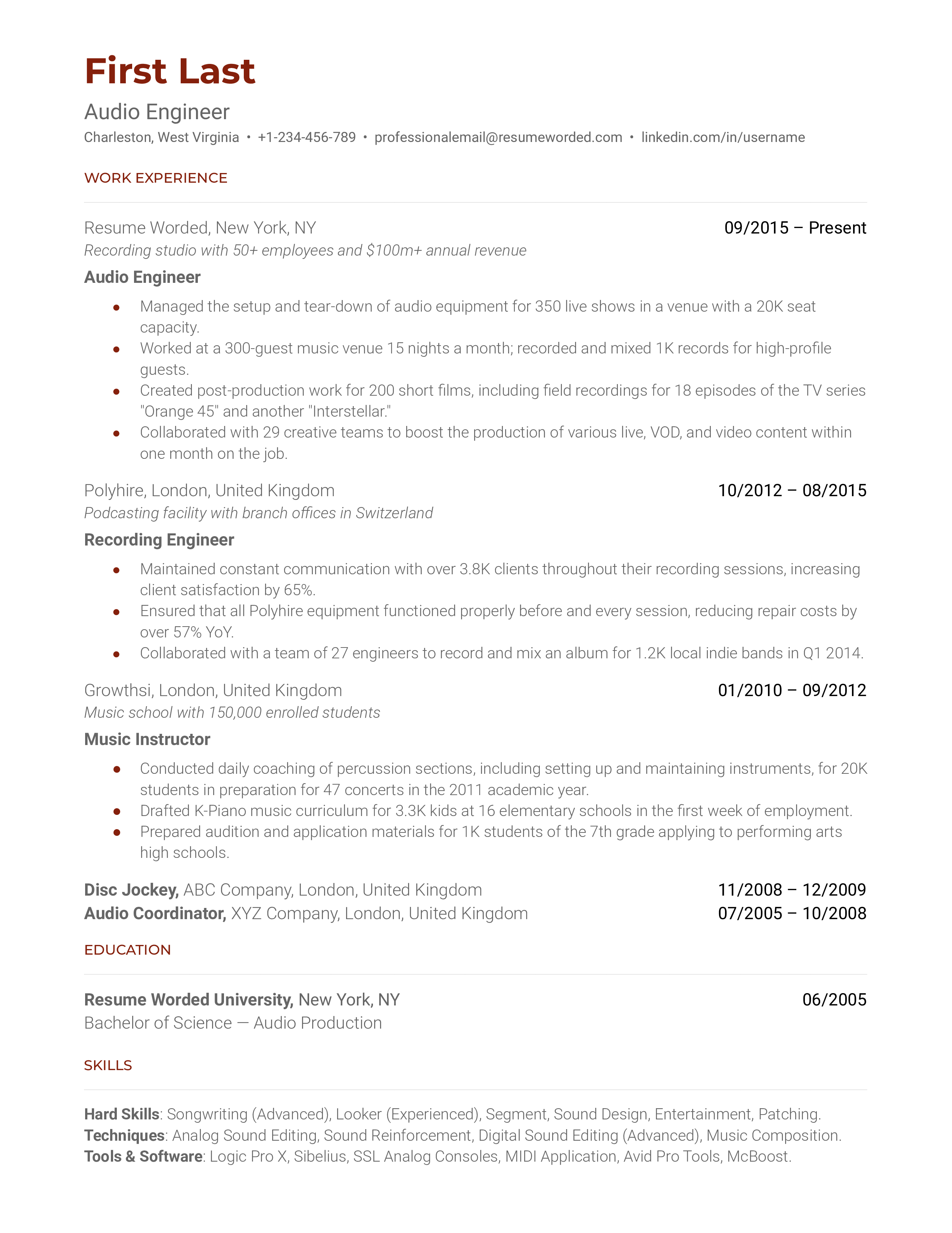  An audio engineer resume sample that highlights the applicant’s career progression and current tools list.