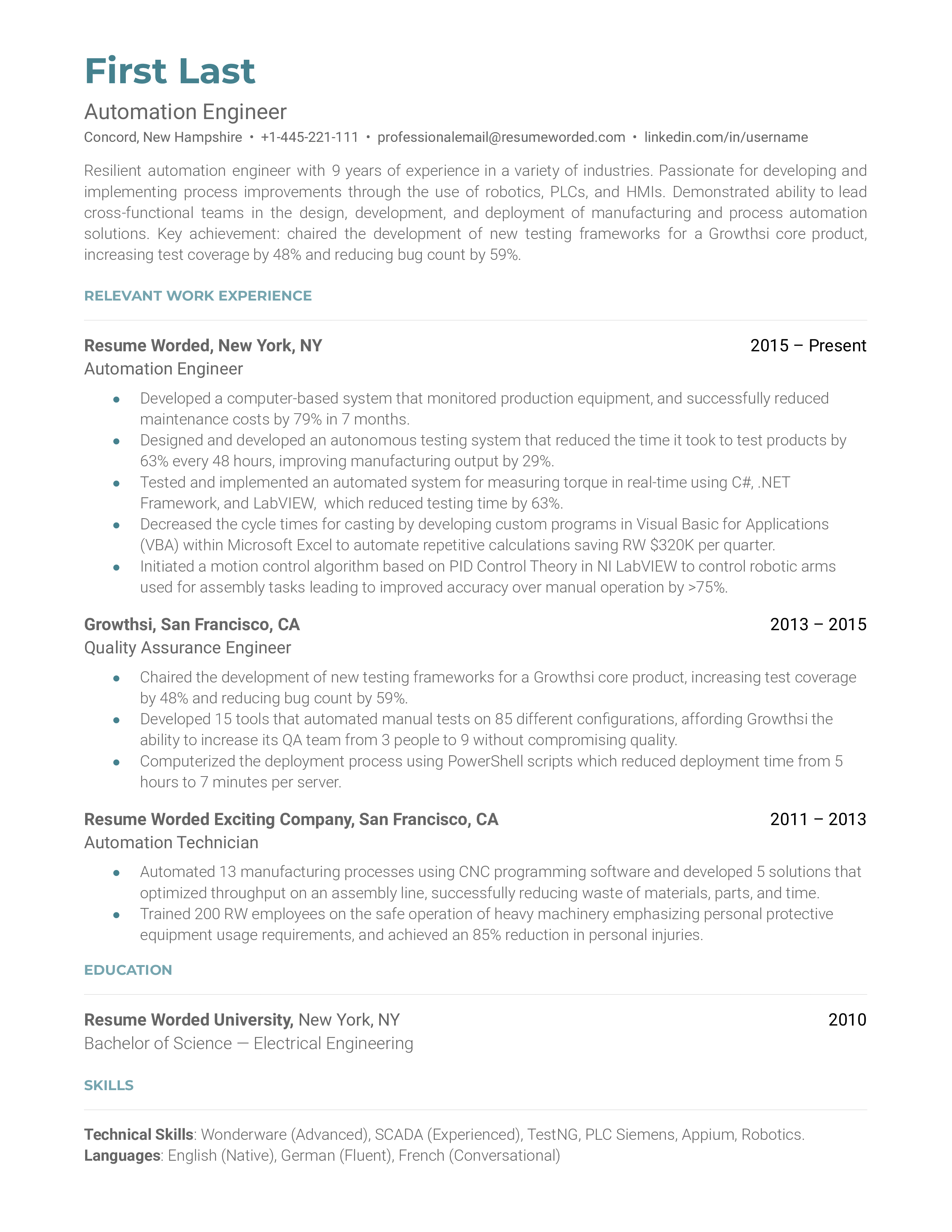 An Automation Engineer's CV detailing their skills and project experience.