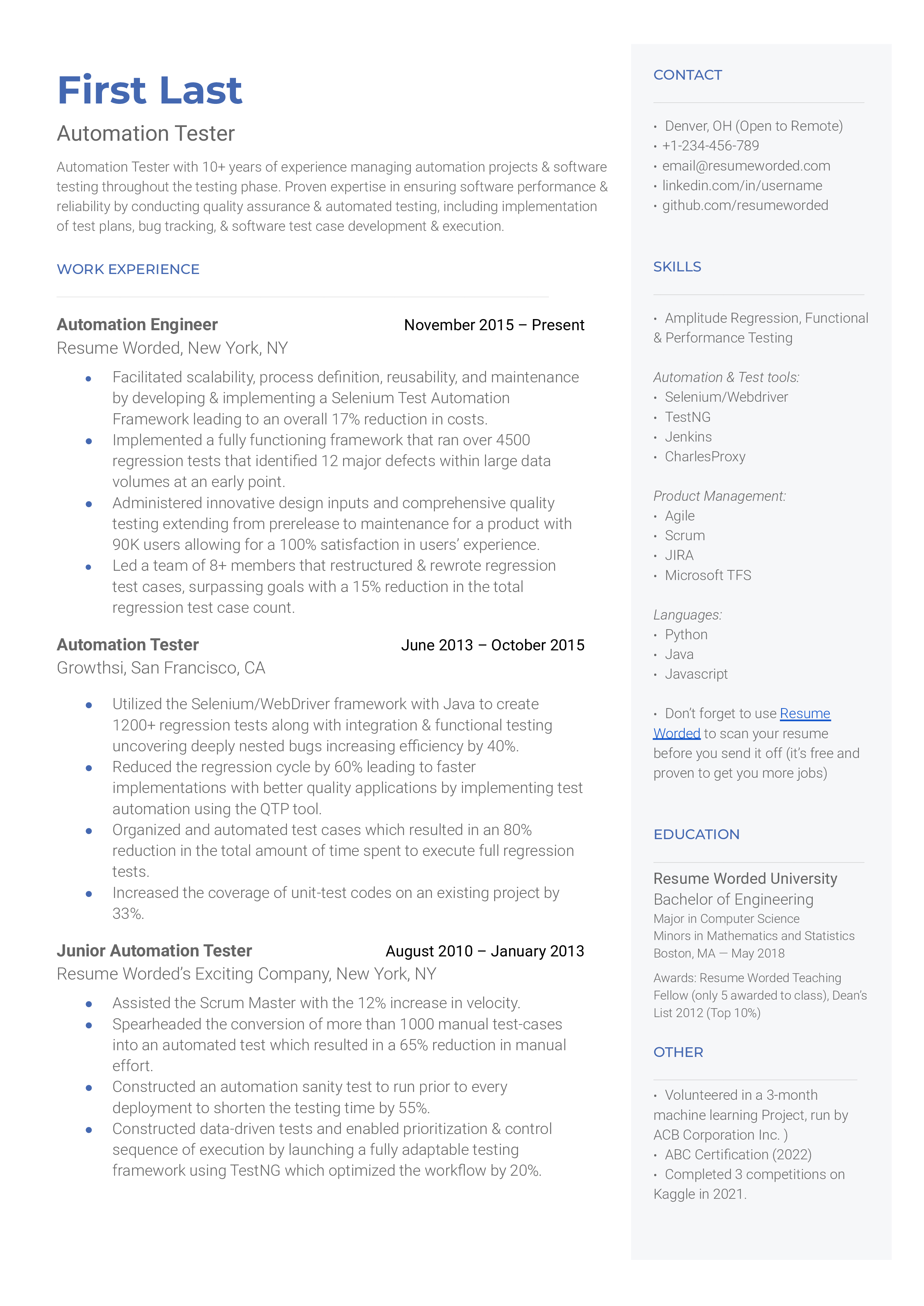 Screenshot of a CV for an Automation Tester role showcasing sector-specific skills and achievements.