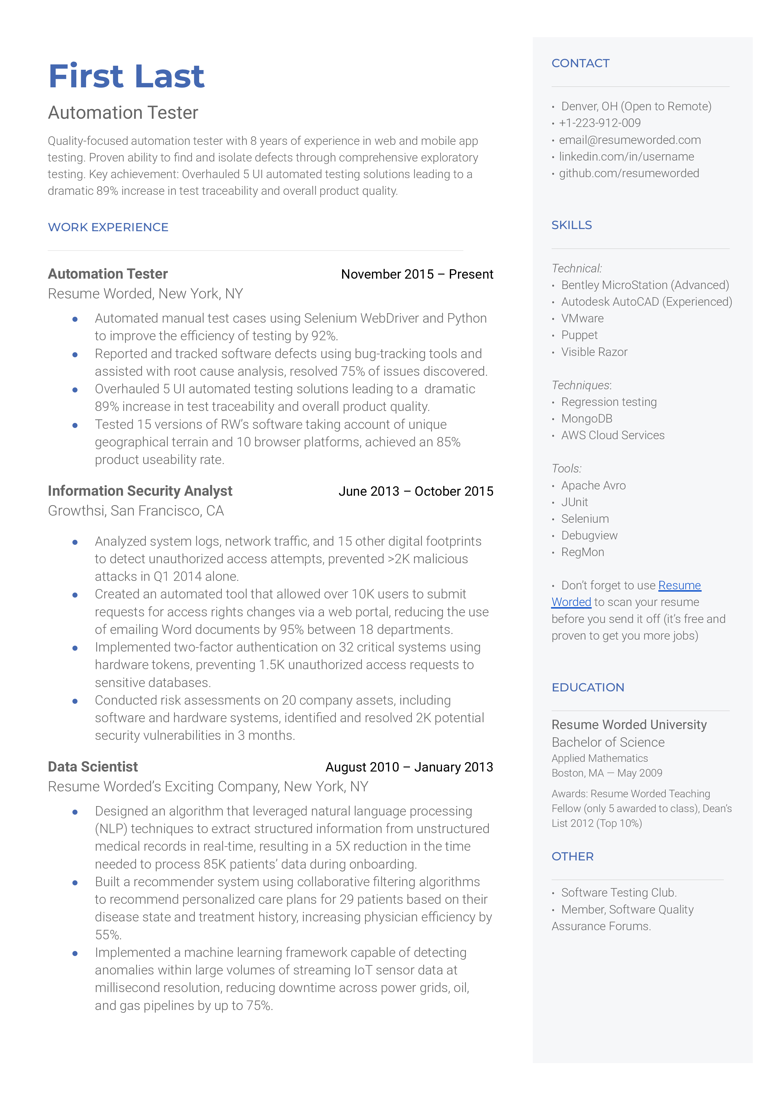 Automation tester resume sample that highlights applicant's testing capabilities and certifications.