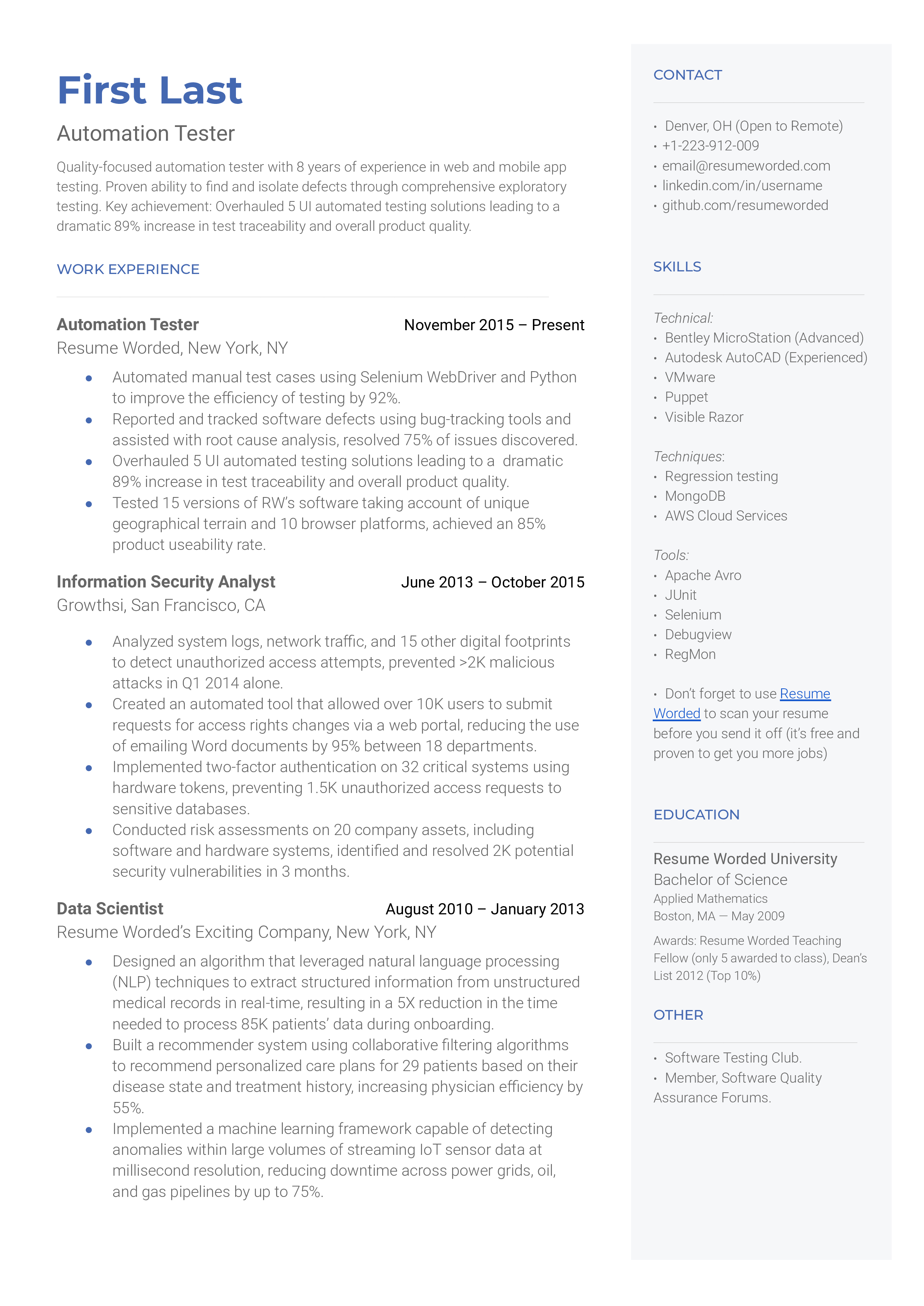 A CV snapshot showcasing an Automation Tester's proficiency in key testing tools and problem-solving skills.