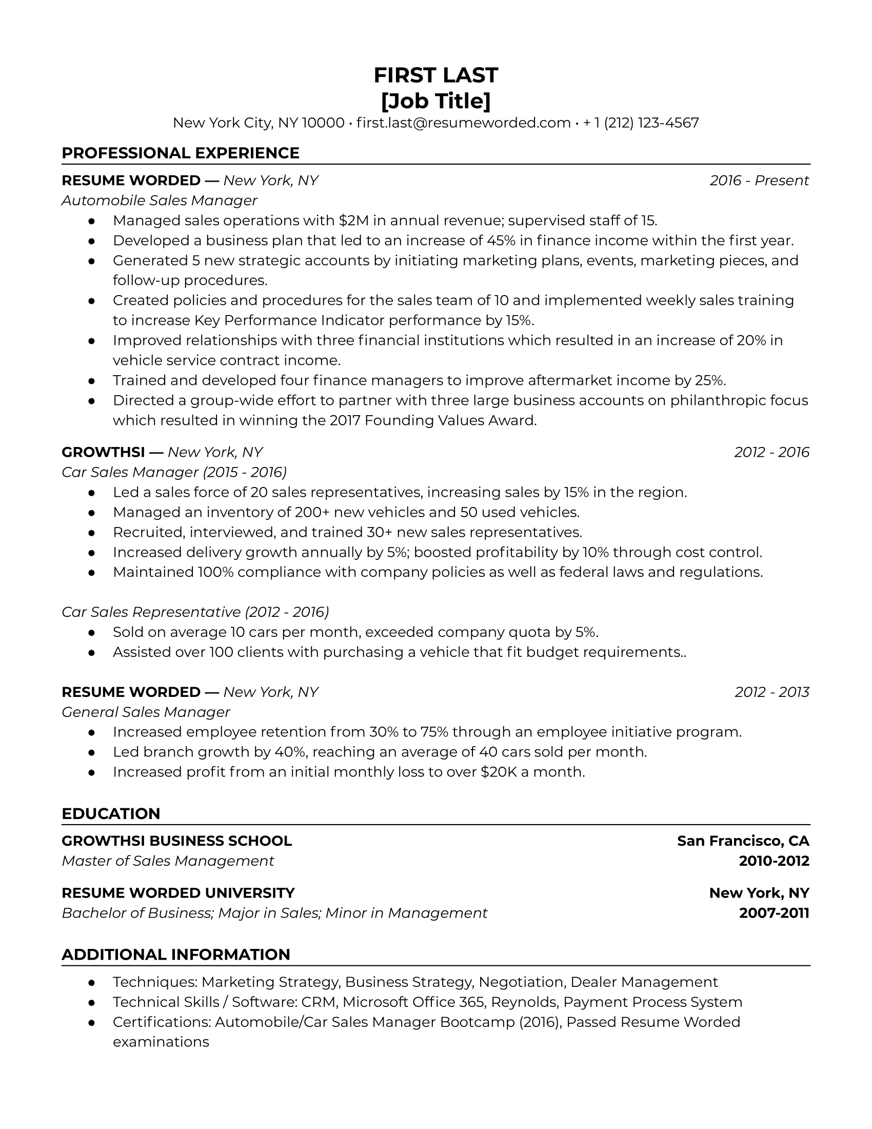 A resume for a automobile/car sales manager with a degree in business and prior experience as a car sales representative.