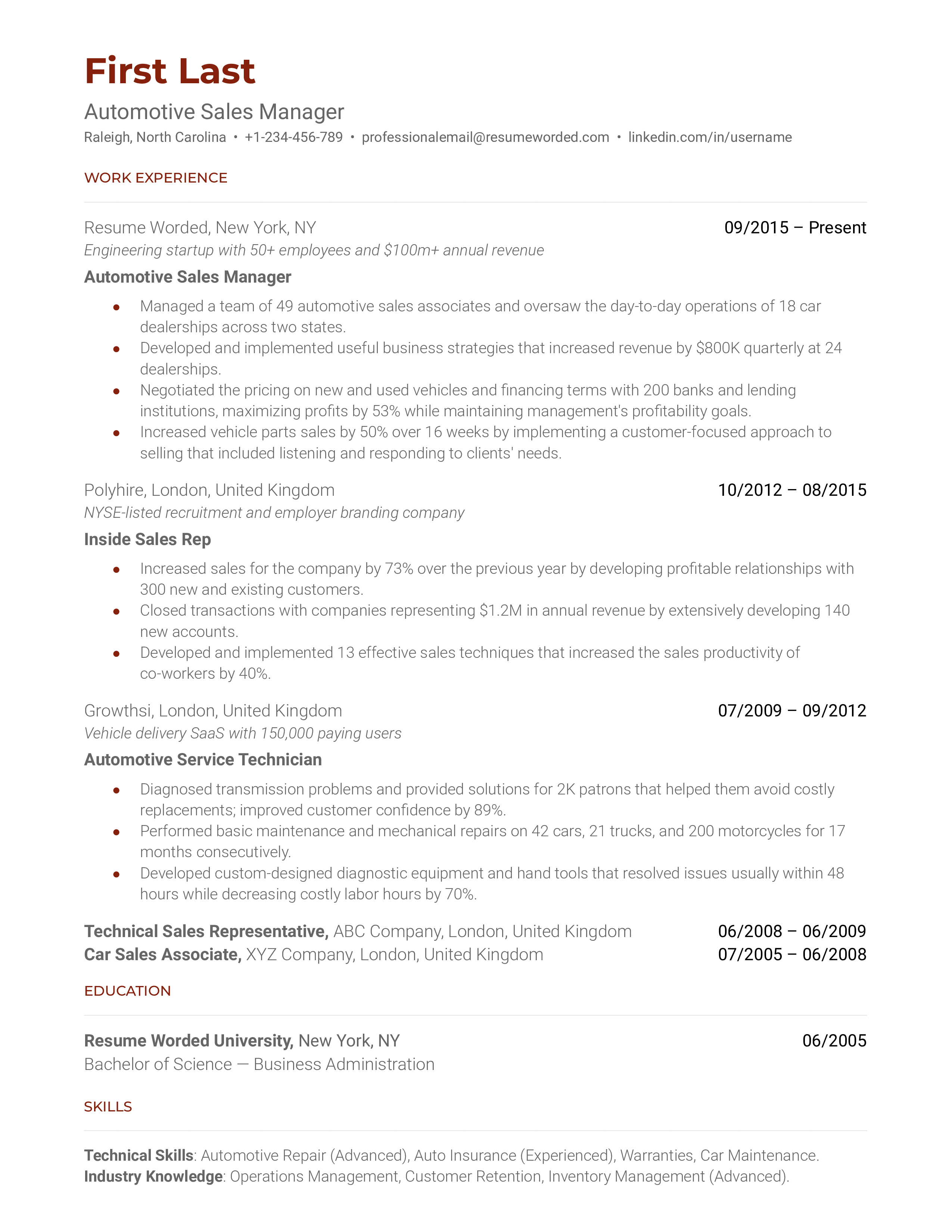 A well-structured CV for an Automotive Sales Manager position.
