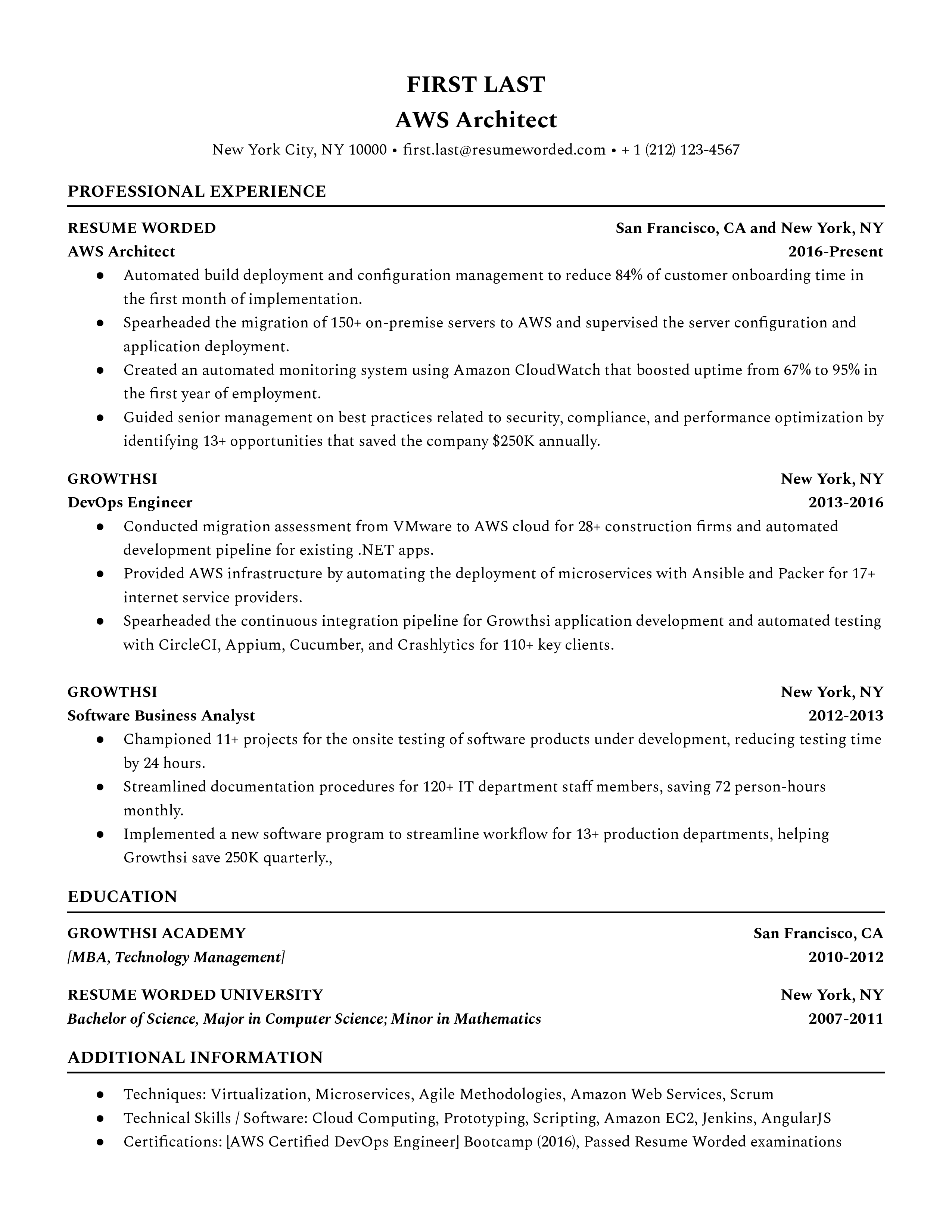 An AWS architect resume template highlighting academic background.