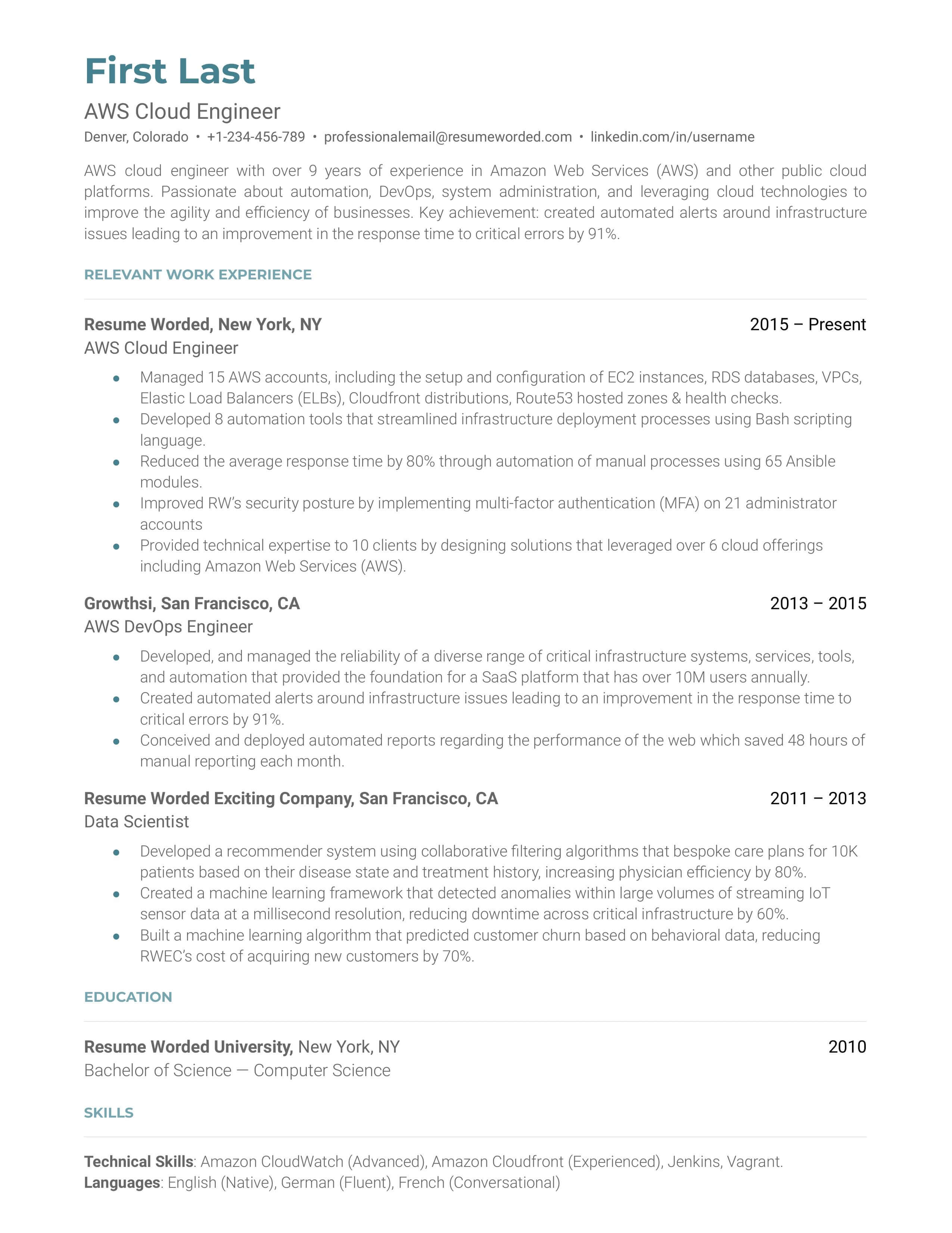 An AWS Cloud Engineer's CV showcasing technical proficiencies and problem-solving abilities.