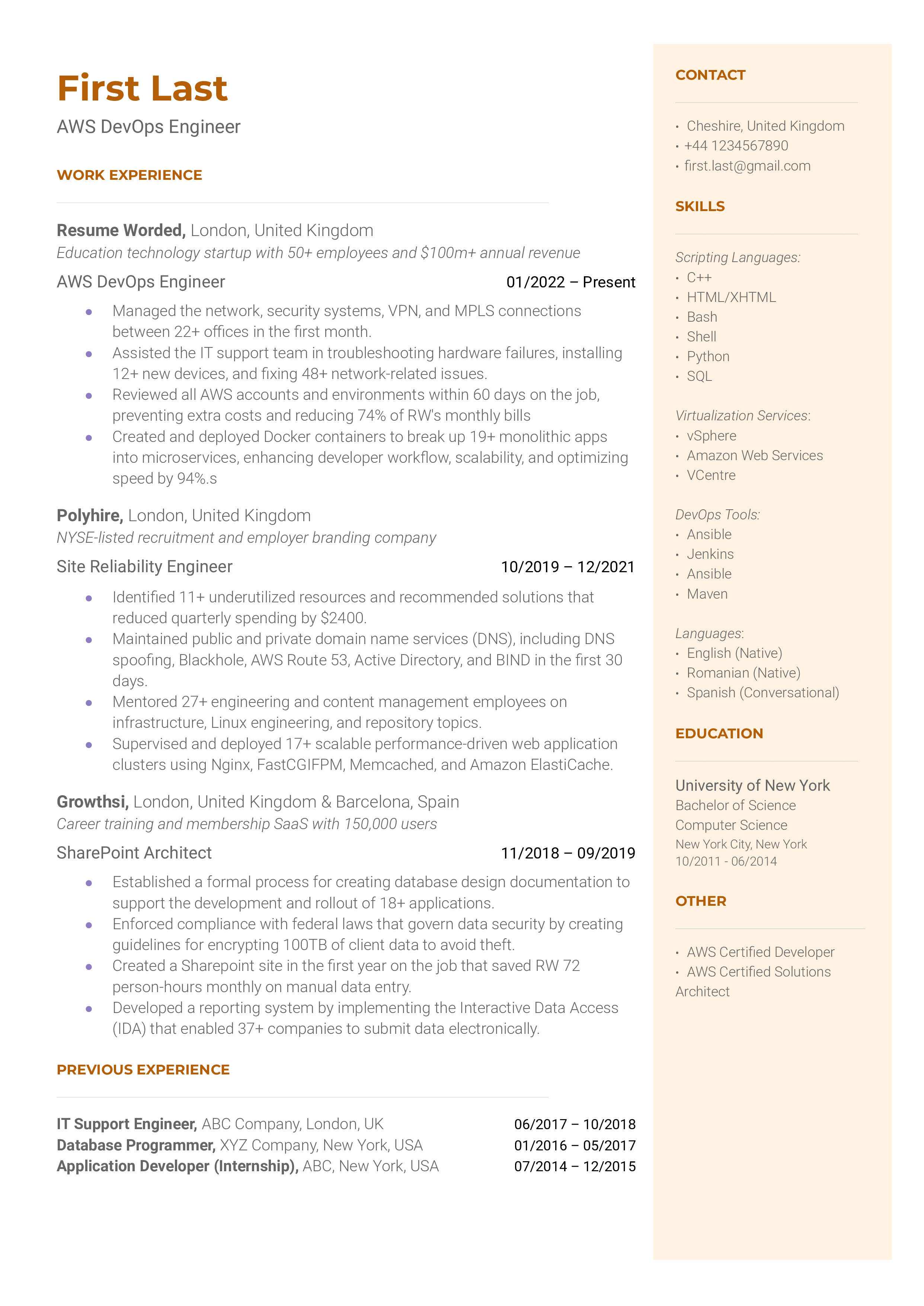 A clean, well-organized CV showcasing AWS certifications and tool experience.