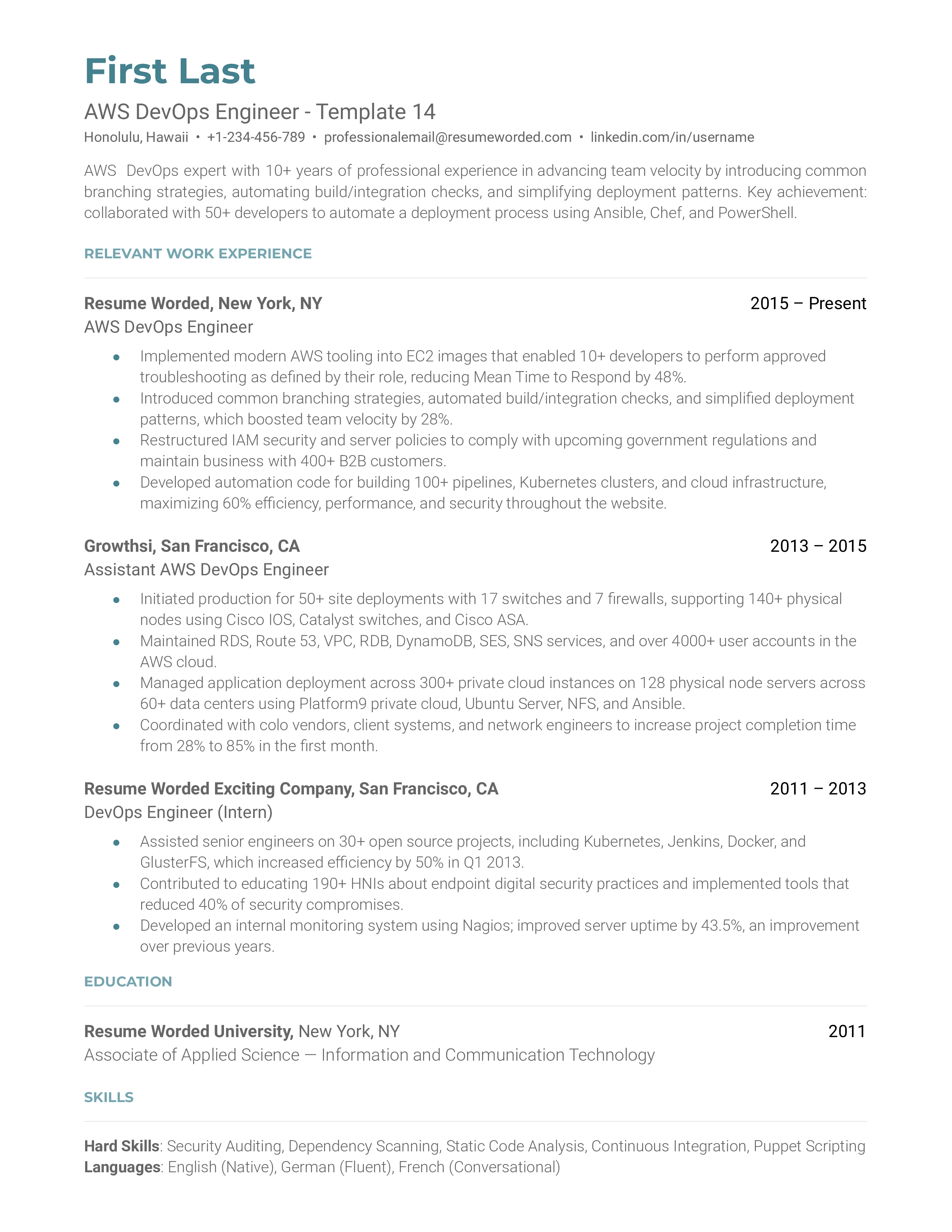 A CV screenshot showcasing AWS DevOps Engineer qualifications and experience.