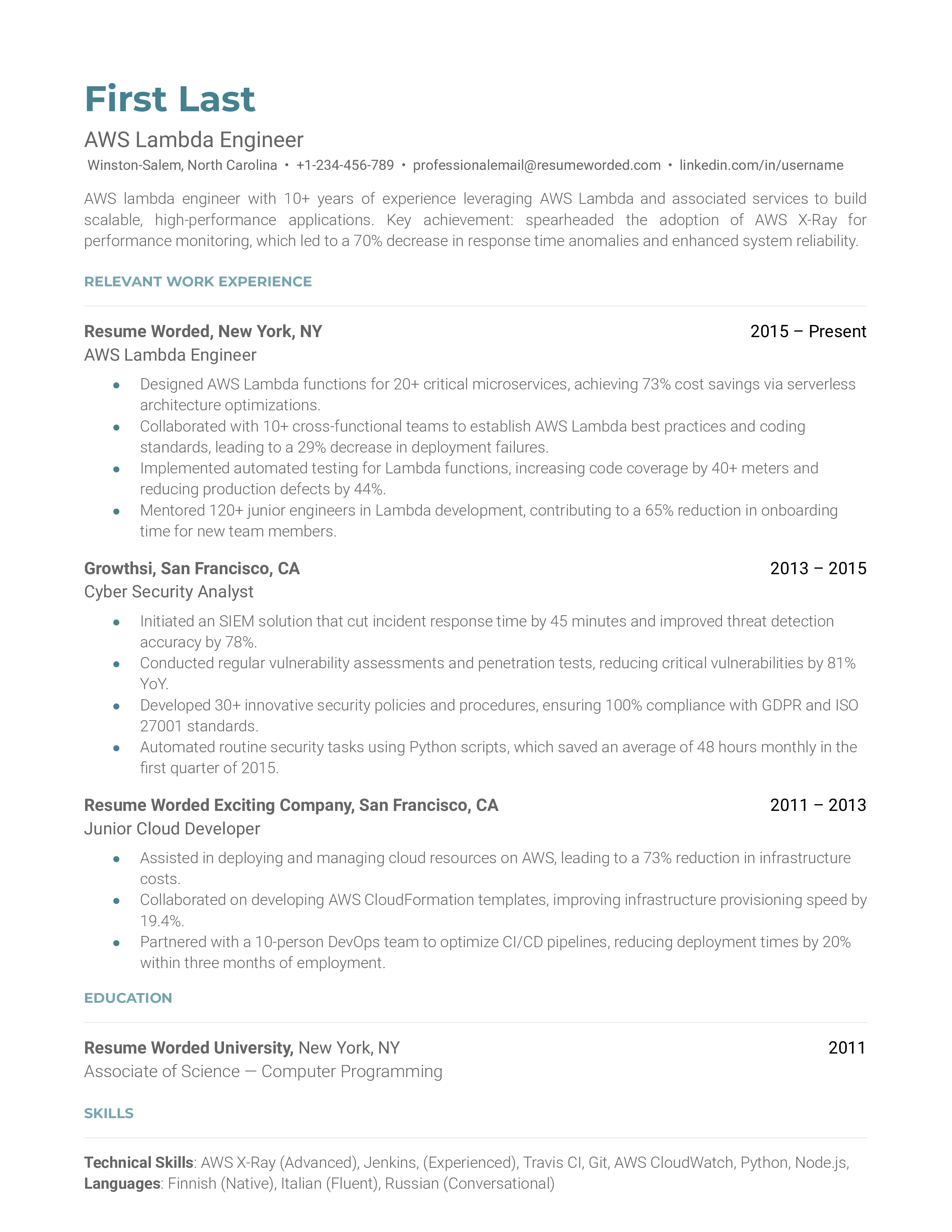A CV for an AWS Lambda Engineer, showcasing detailed AWS-specific experience and certifications.