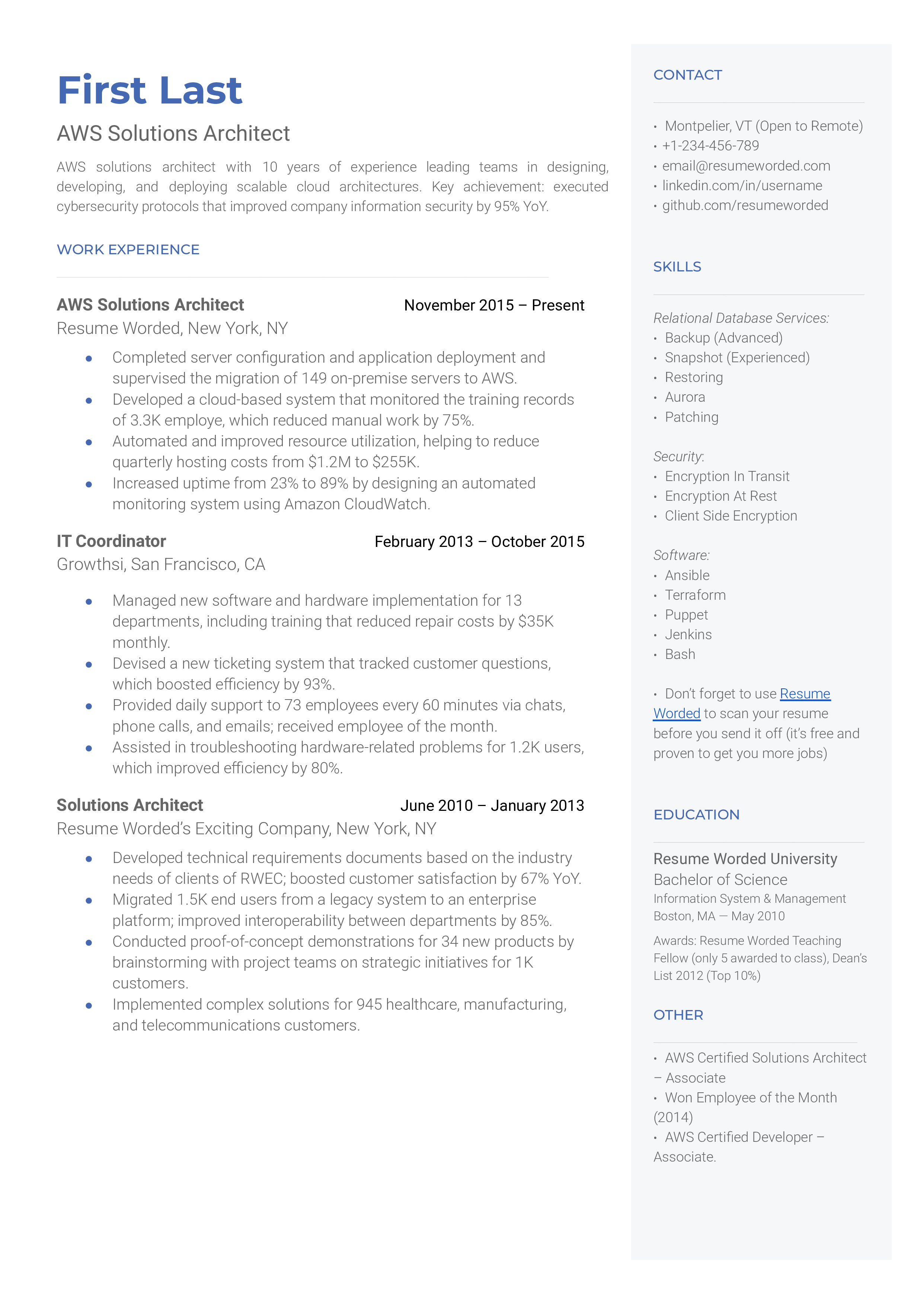 A CV for an AWS Solutions Architect showcasing their technical proficiency and problem-solving skills.
