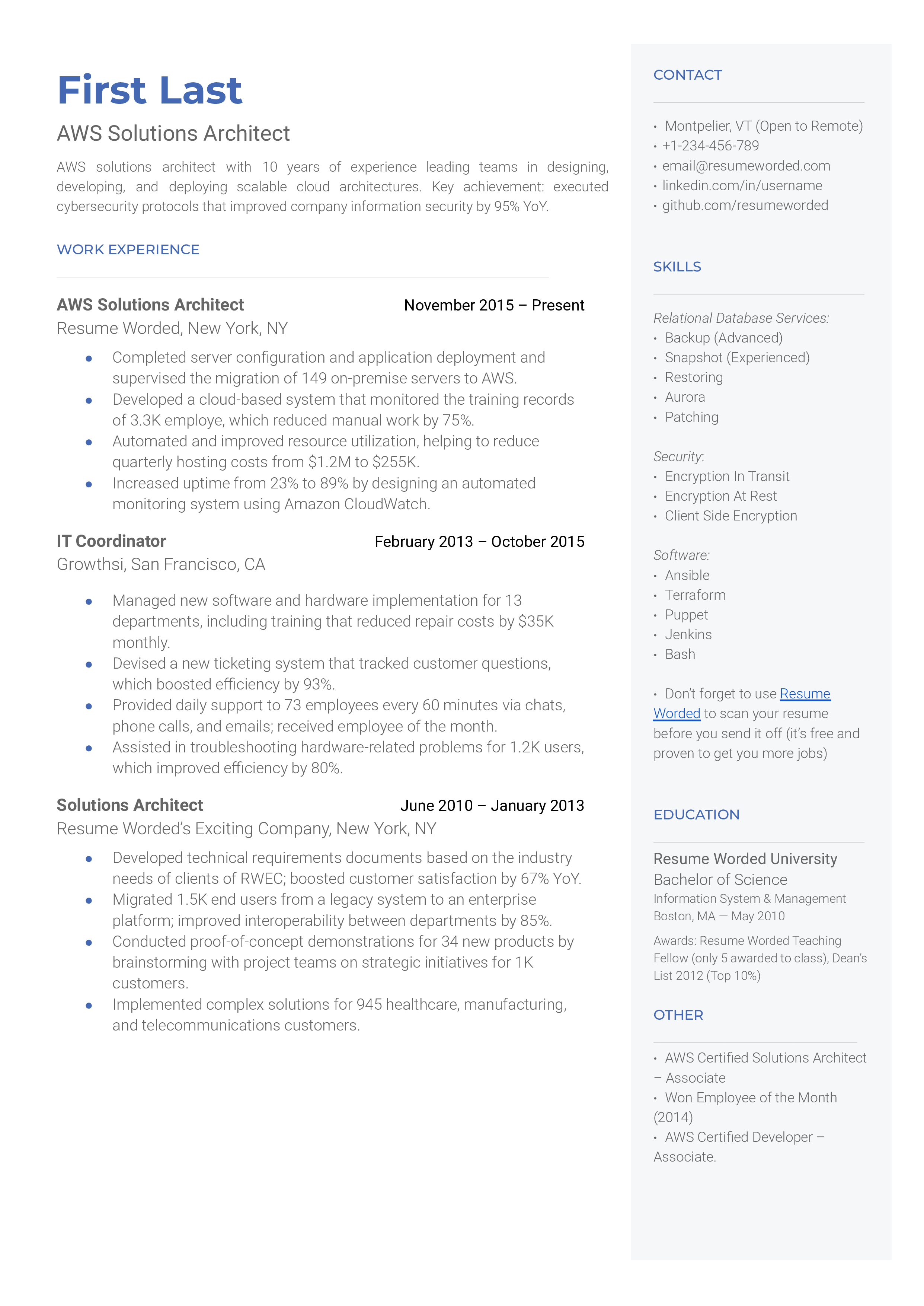 AWS Solutions Architect Resume Example for 2023 Resume Worded