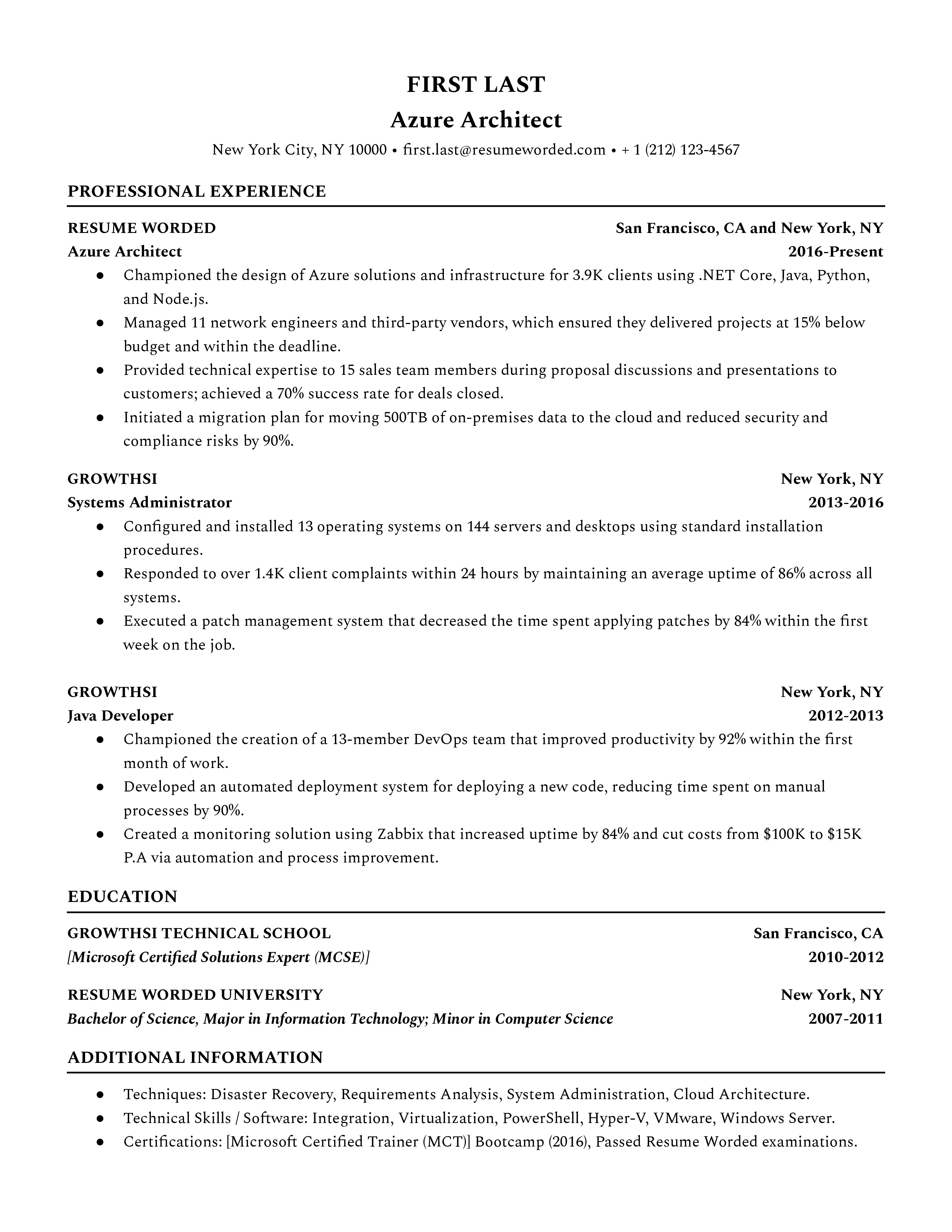 An azure architect resume template with a simplified structure