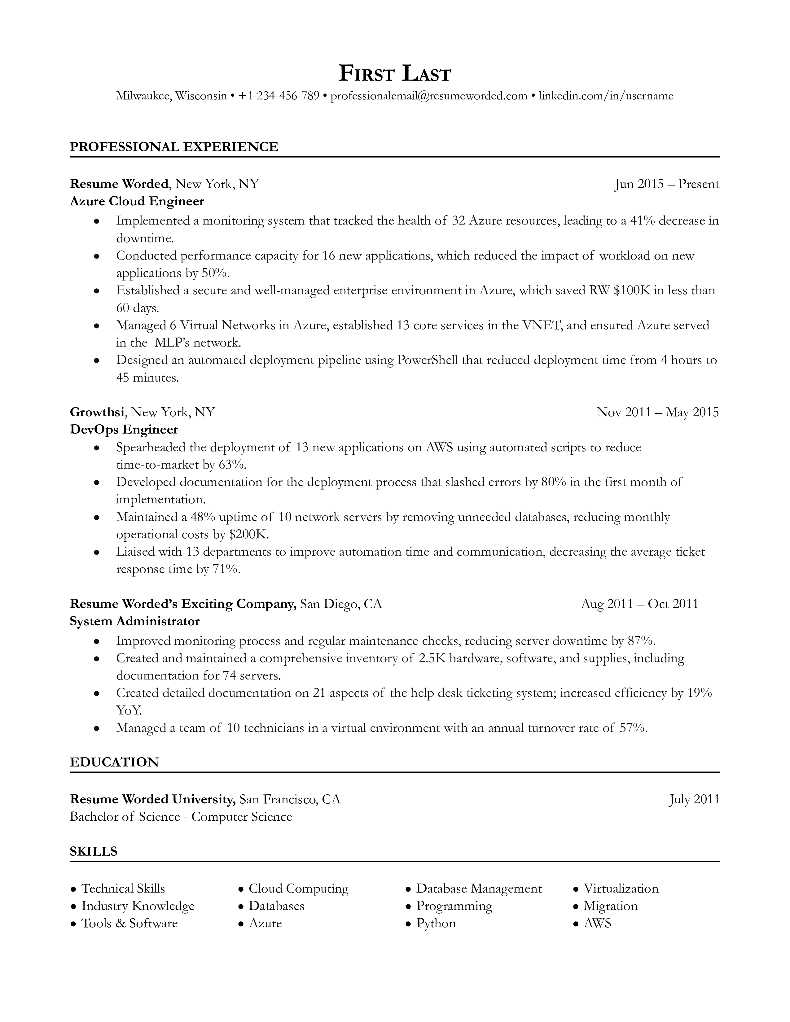 An Azure cloud engineer resume sample that highlights the candidate's Microsoft Azure qualifications and skills.