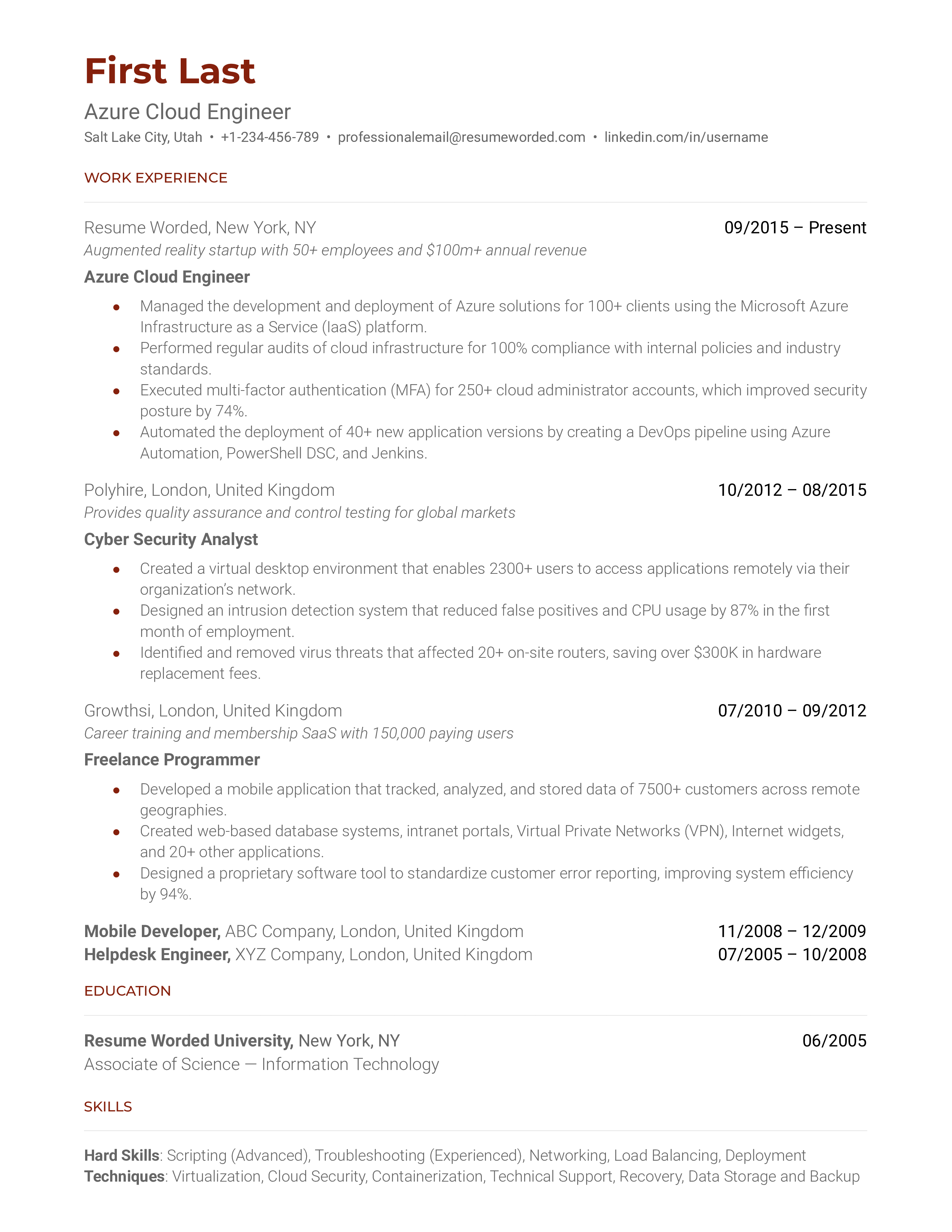 Azure Cloud Engineer resume sample and recommendations