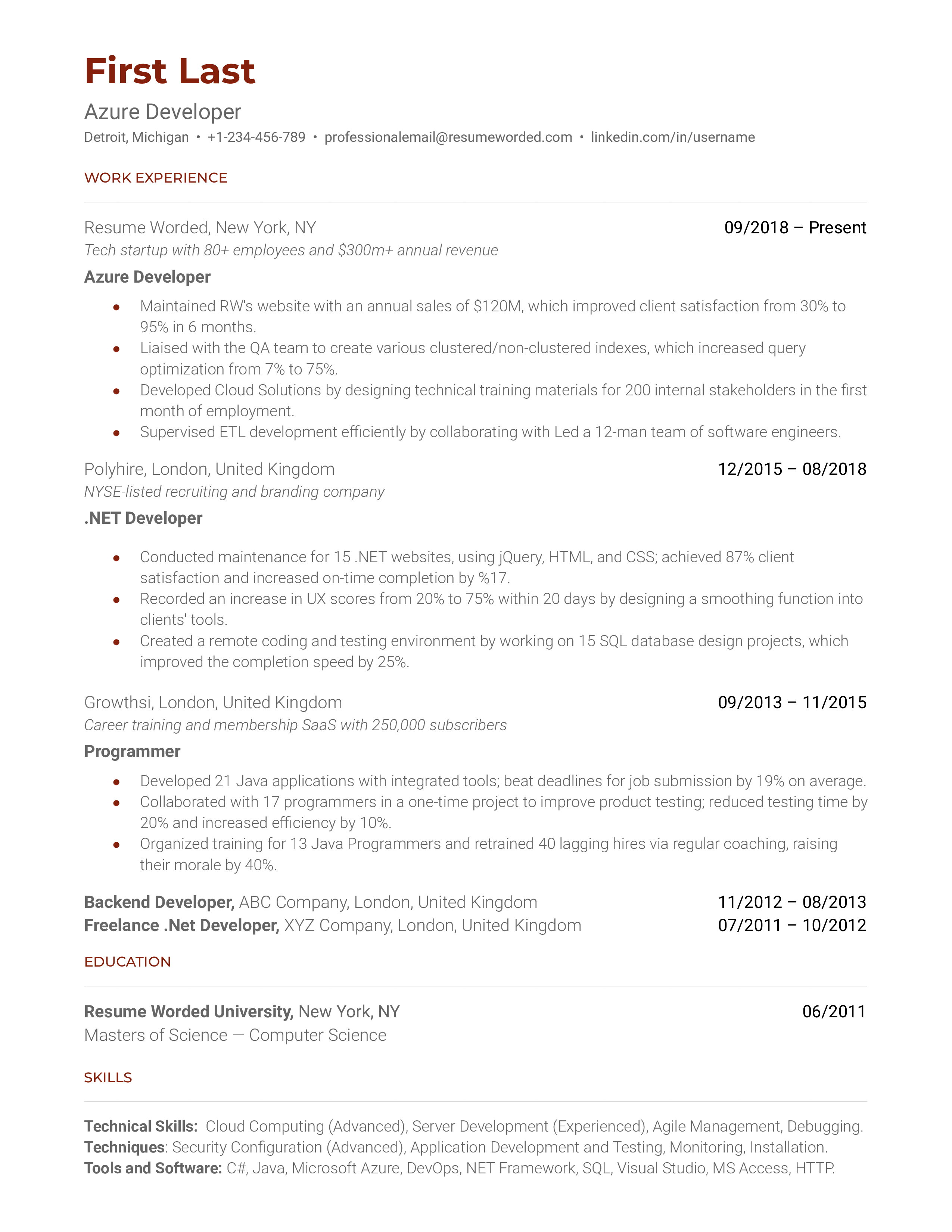 An Azure developer resume sample that highlights the applicant’s Azure qualifications and software development experience.