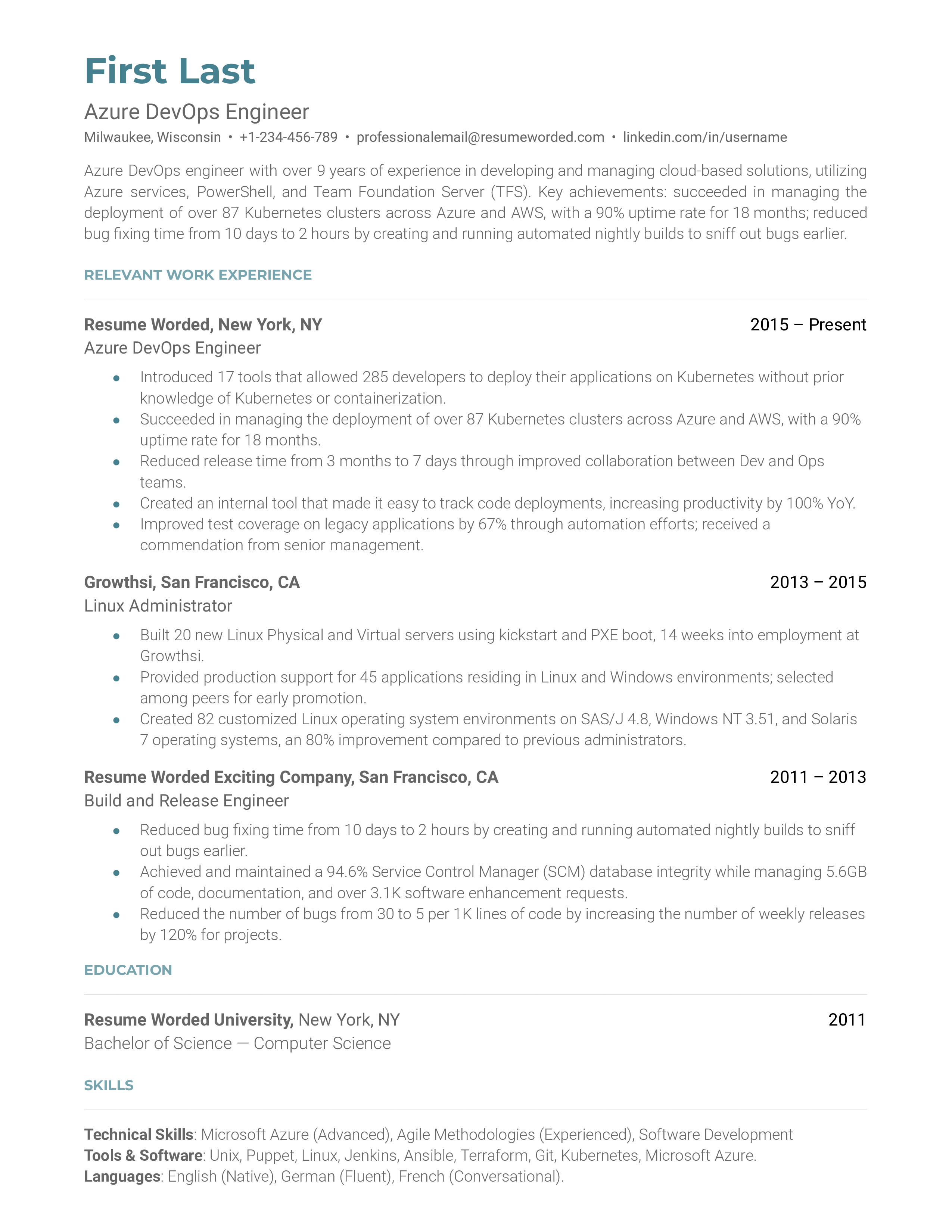 An Azure DevOps engineer resume sample that highlights the applicant’s Azure qualifications and impressive metrics.