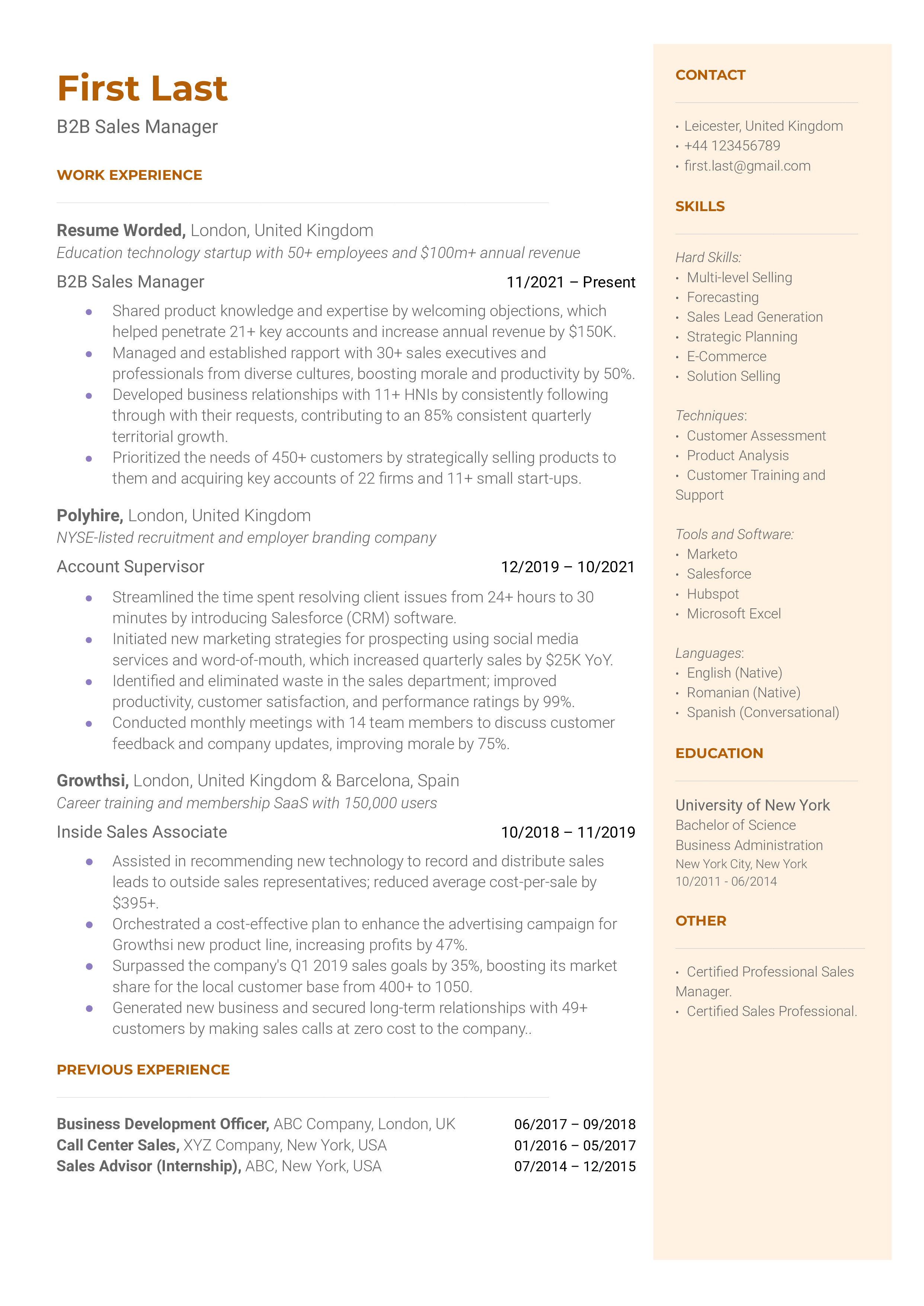 A B2B sales manager resume template that focuses on technical skills.