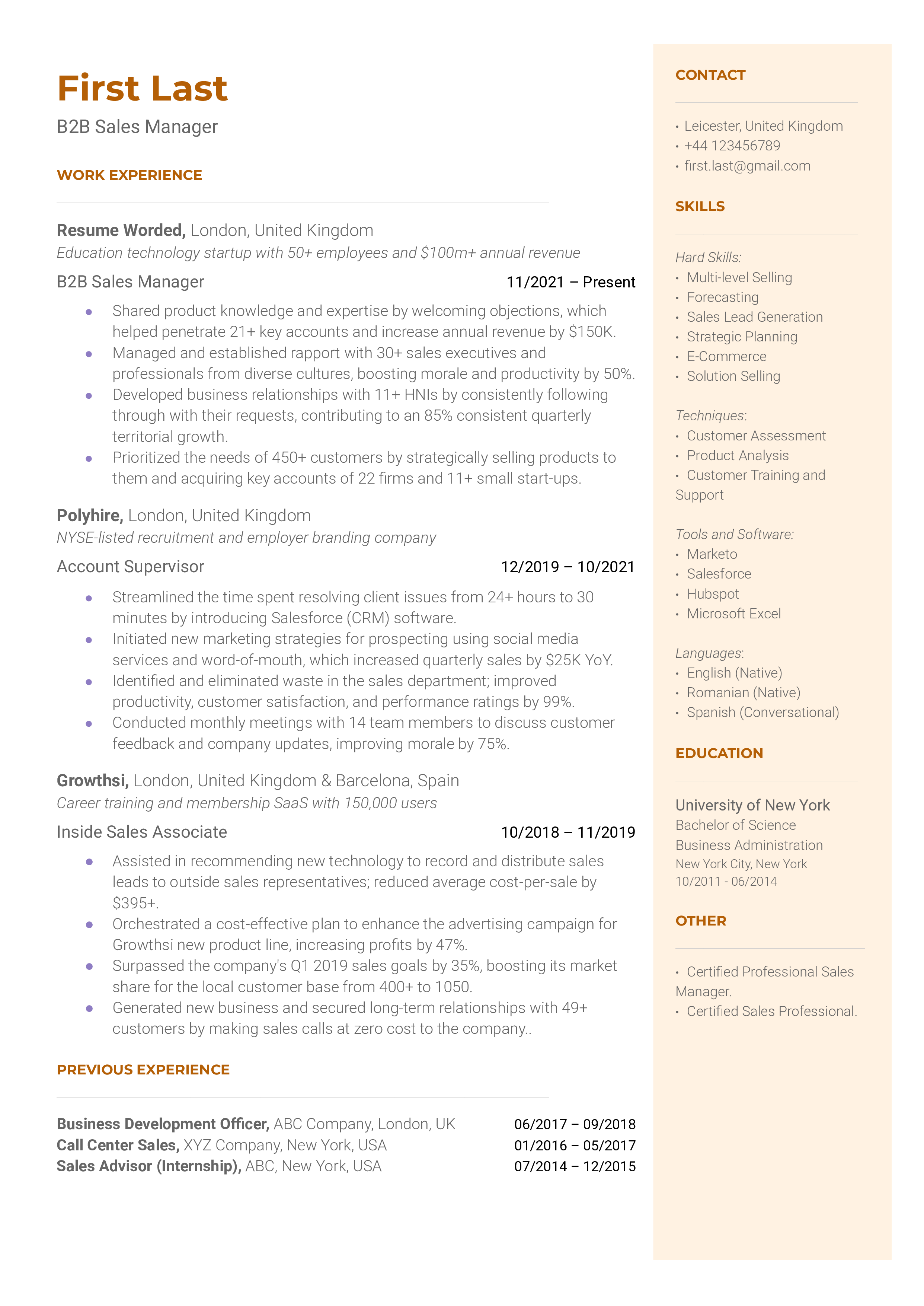 CV screenshot for a B2B Sales Manager role emphasizing digital tools proficiency and data-informed decision making.