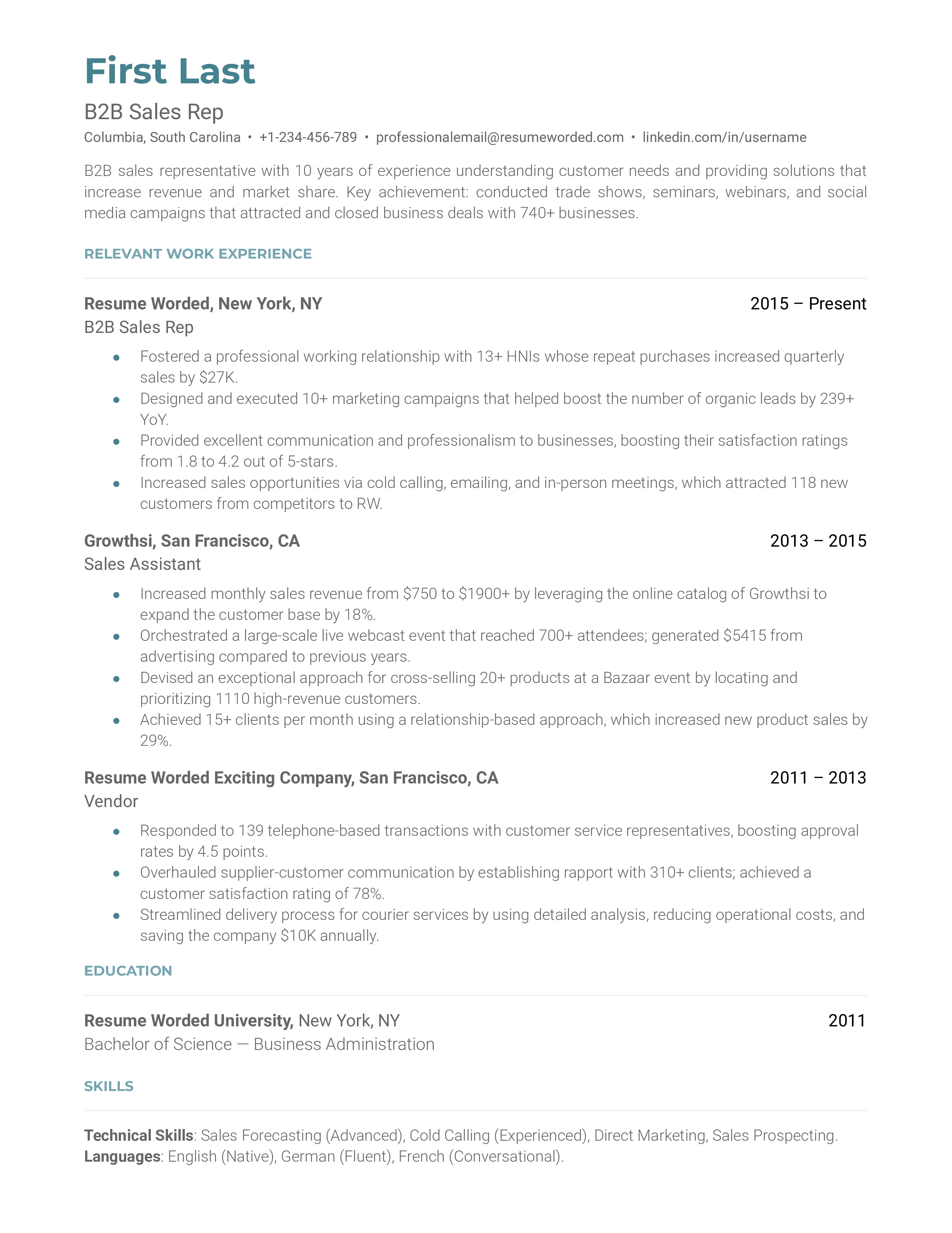 A B2B sales rep resume template that uses metrics to emphasize achievements.