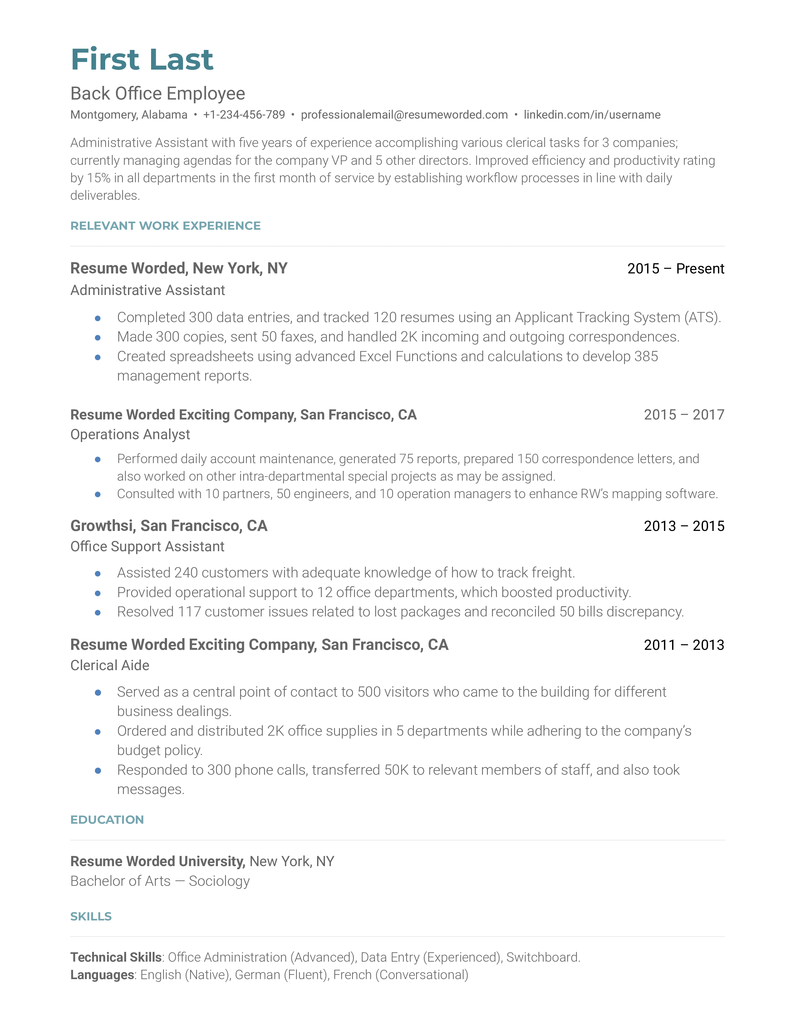 A back office employee resume showcasing an applicant's versatility in various back office tasks