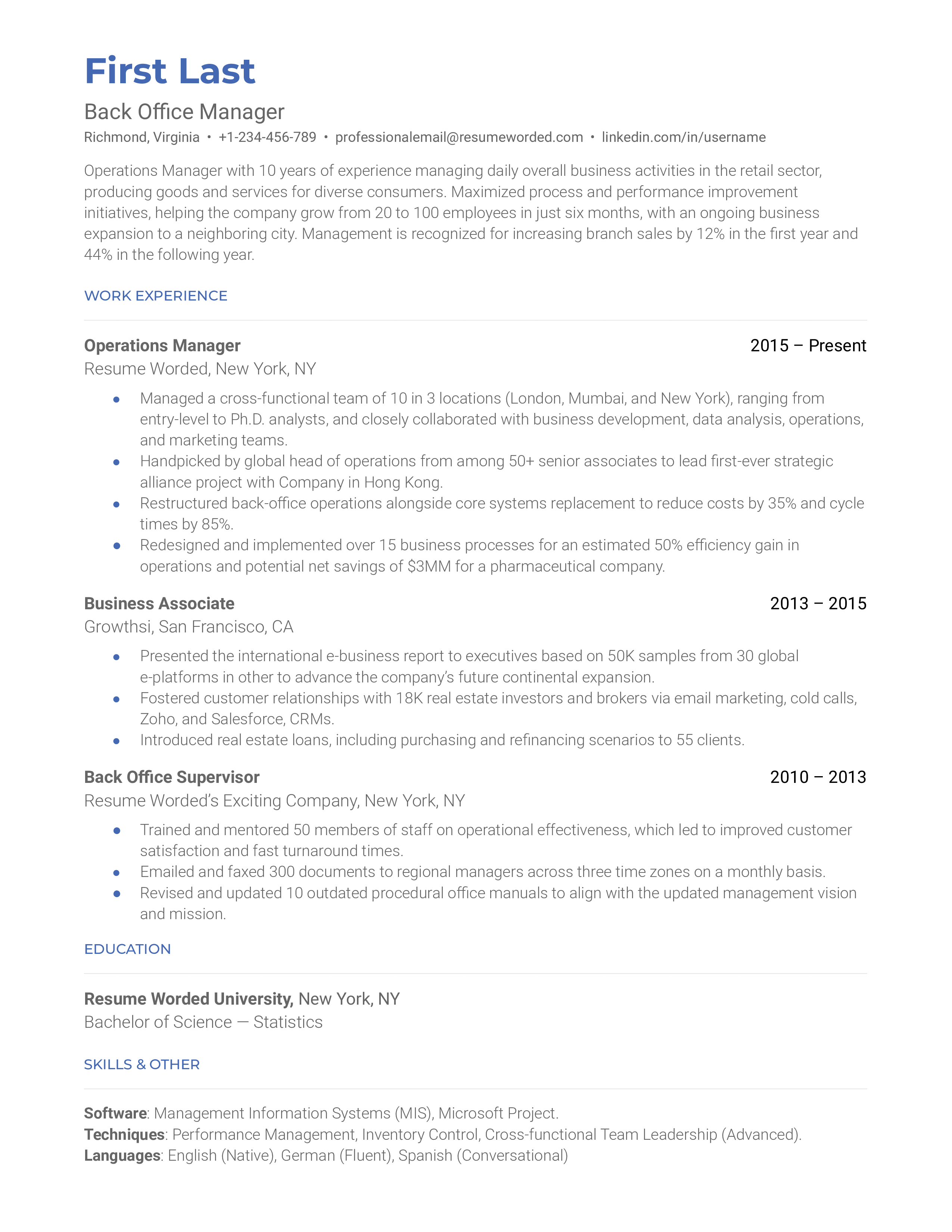 A well-structured CV for a Back Office Manager role